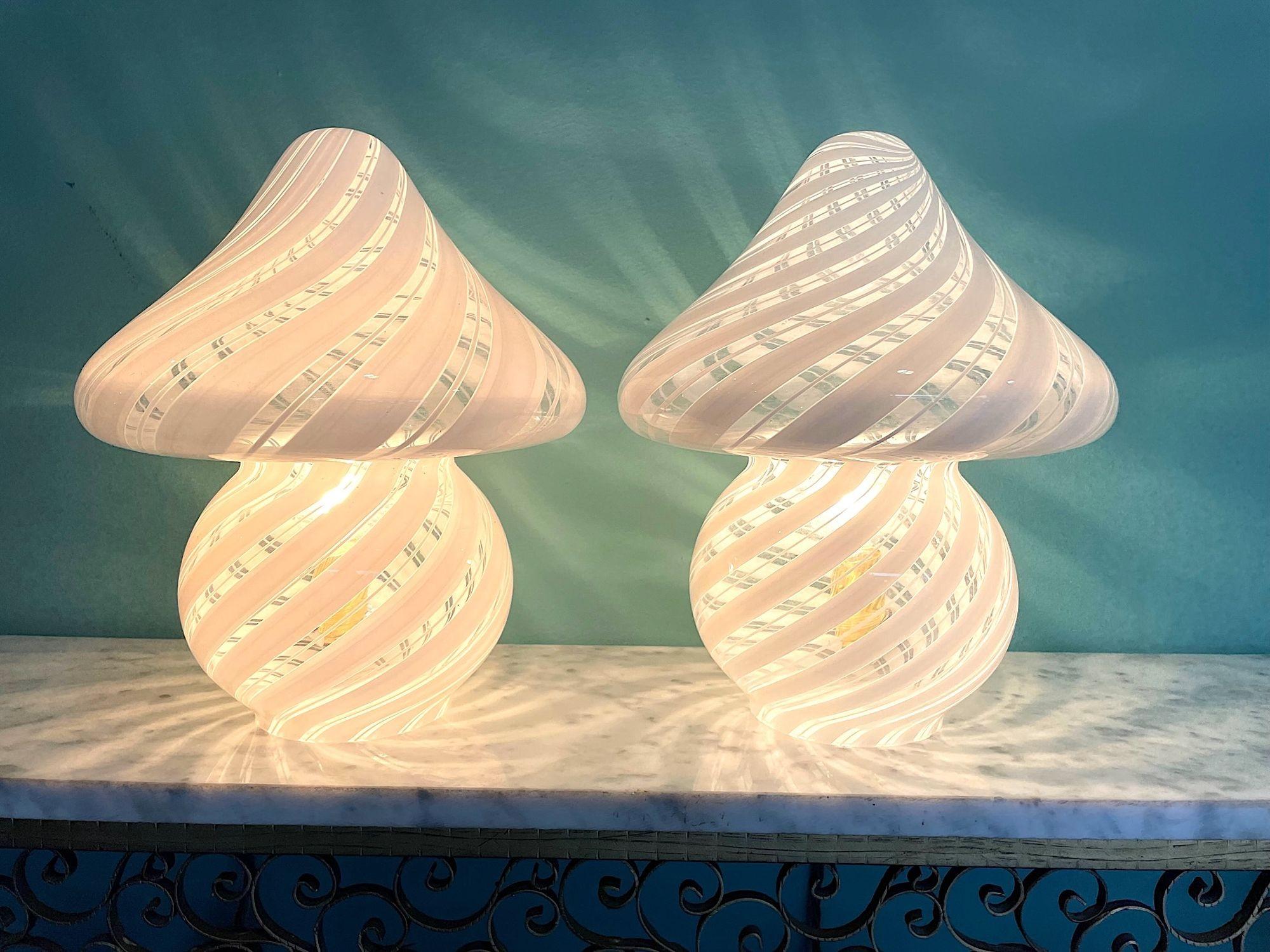 Late 20th Century A lovely pair of Italian 1970s Venini mushroom lamps with white swirl pattern