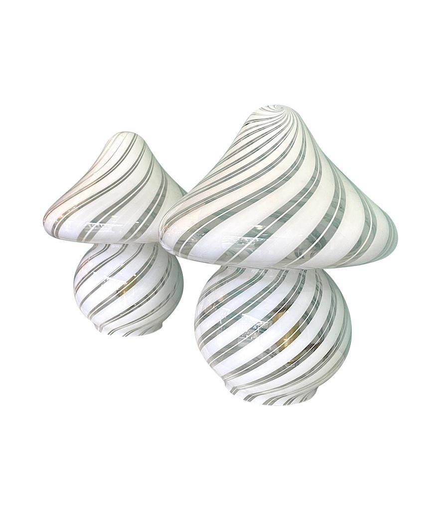 Murano Glass A lovely pair of Italian 1970s Venini mushroom lamps with white swirl pattern