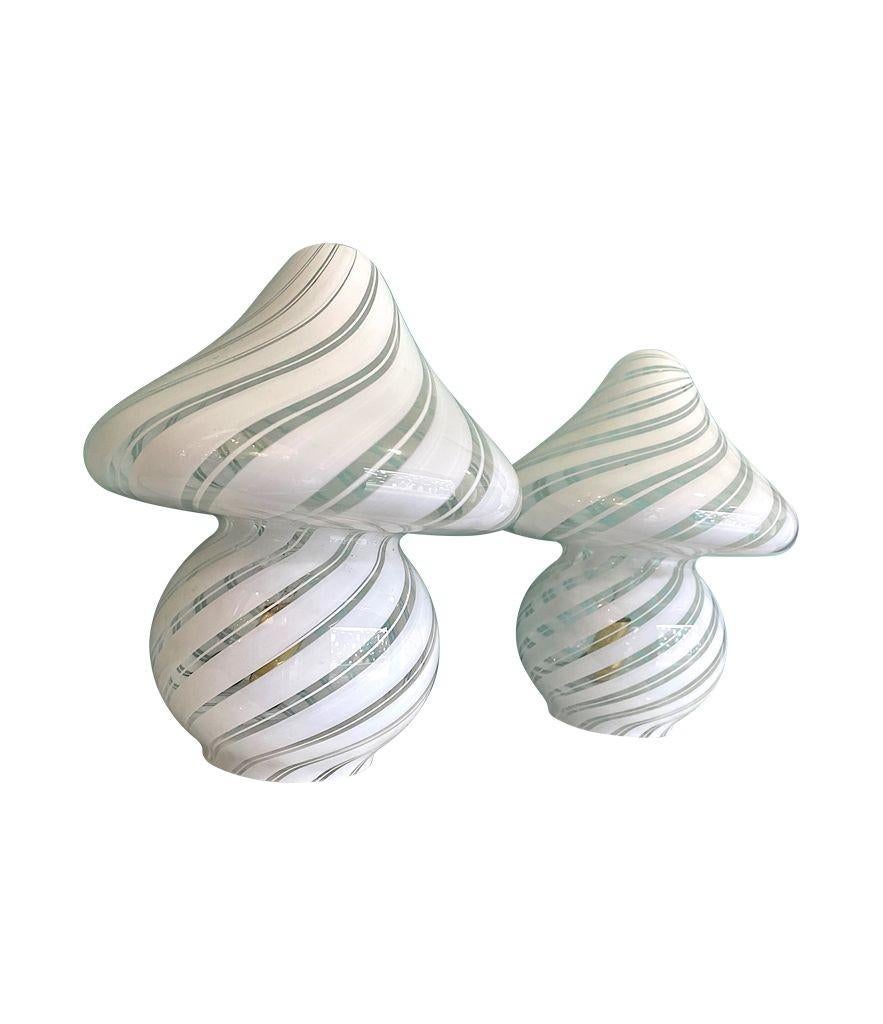 A lovely pair of Italian 1970s Venini mushroom lamps with white swirl pattern 3