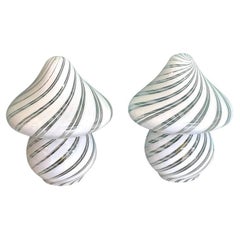 A lovely pair of Italian 1970s Venini mushroom lamps with white swirl pattern