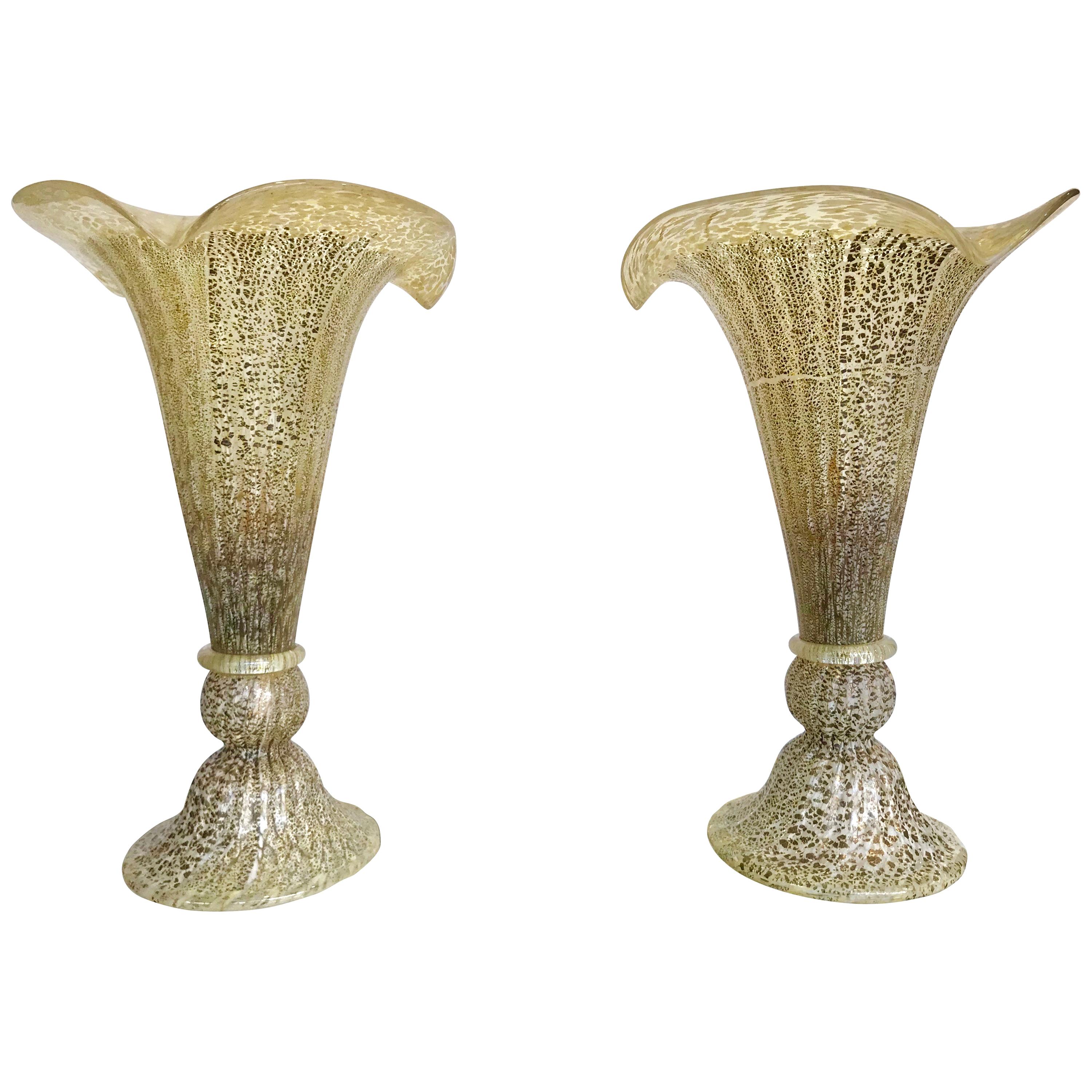 Lovely Pair of Murano Glass Fluted Lamps with Mottled Ribbed Finish