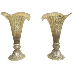 Lovely Pair of Murano Glass Fluted Lamps with Mottled Ribbed Finish