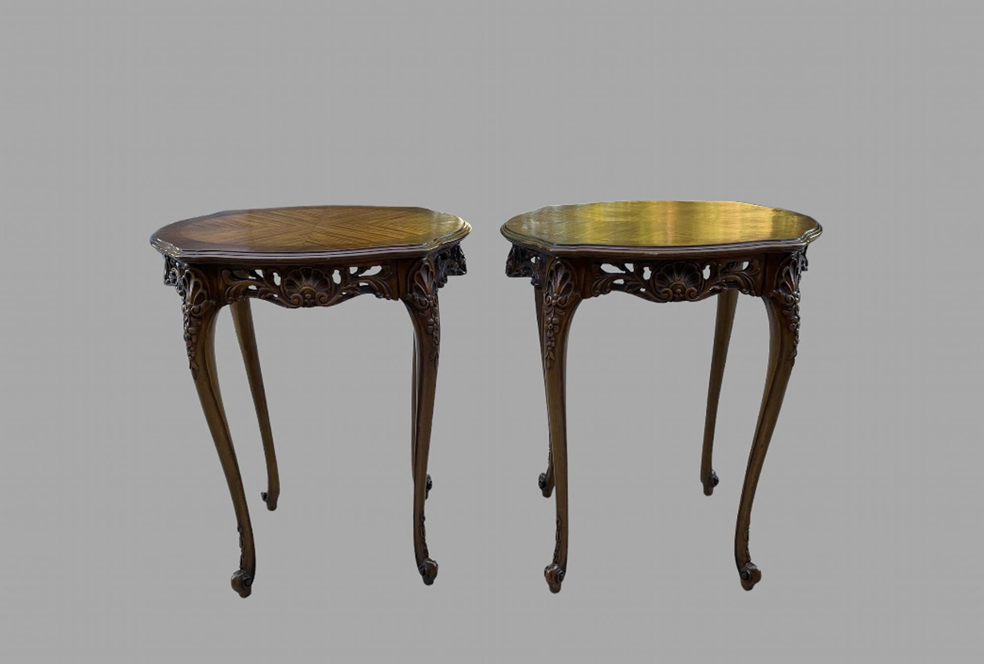 A very good Pair of either Bedside tables or side tables with inlaid tops on cabriole legs with carving surround.