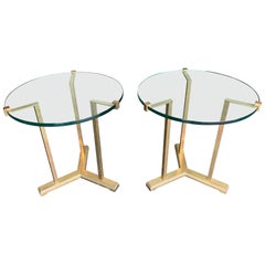 Lovely Pair of Peter Ghyczy Circular Brass and Glass Side Tables