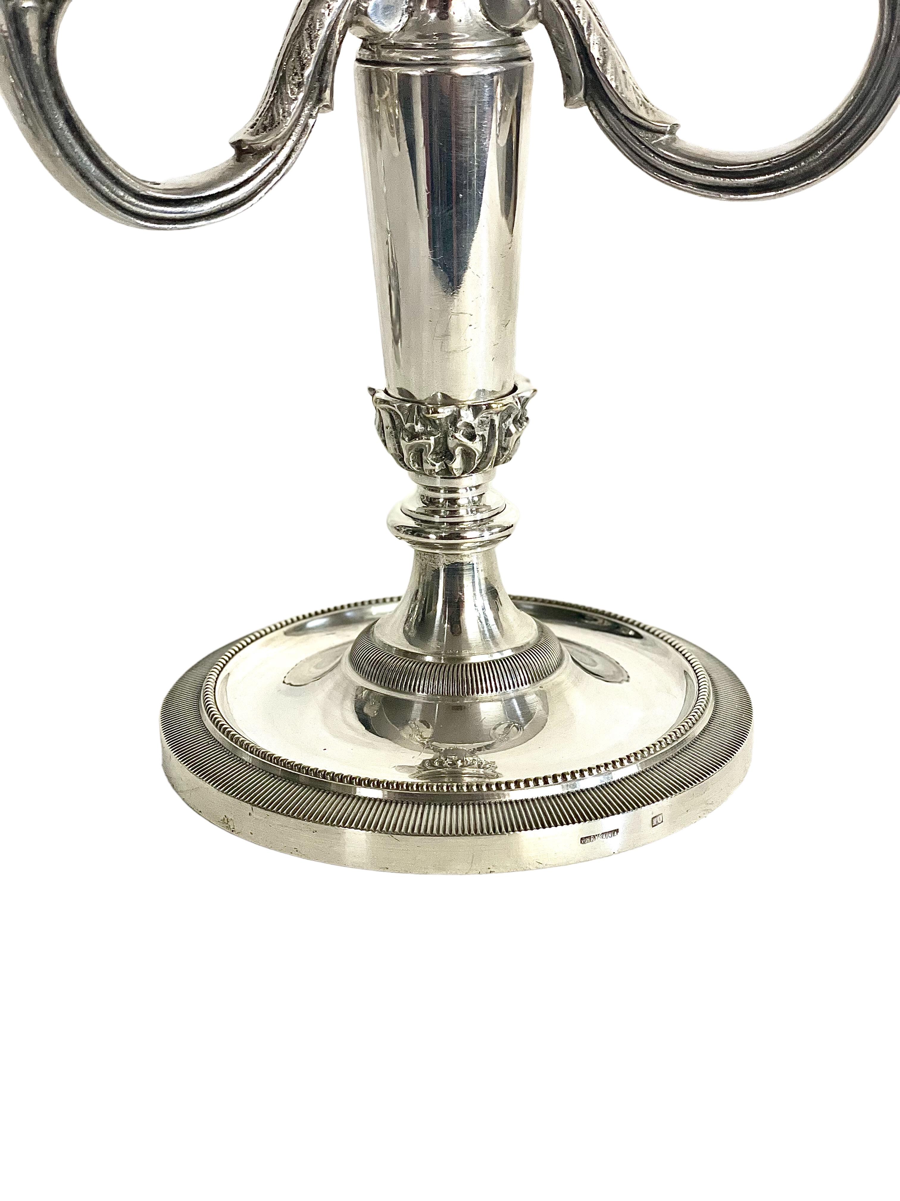 Louis XVI 19th Century Silver-Plated Chrysalia 3 light Candelabras For Sale