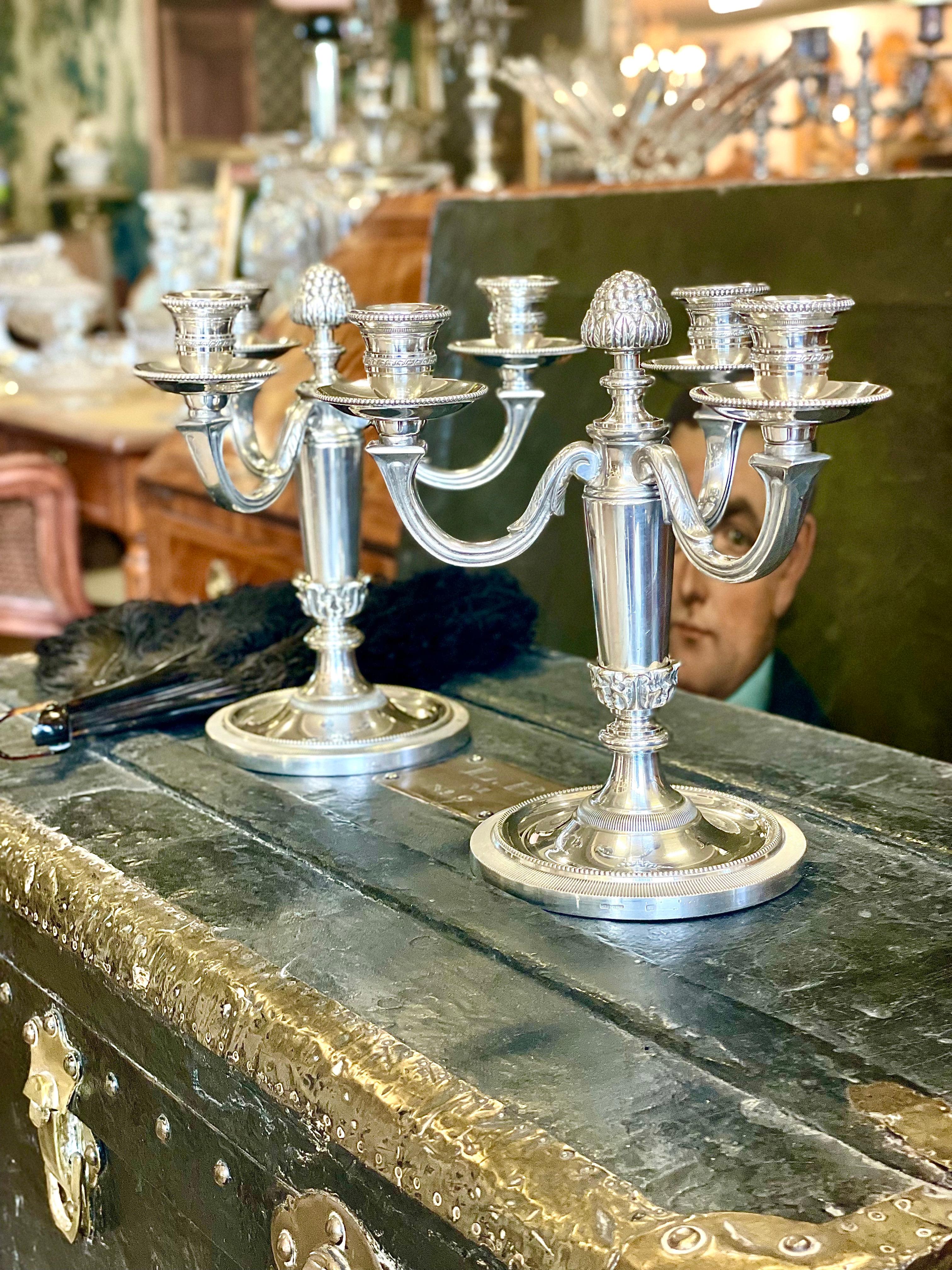 Silvered 19th Century Silver-Plated Chrysalia 3 light Candelabras For Sale