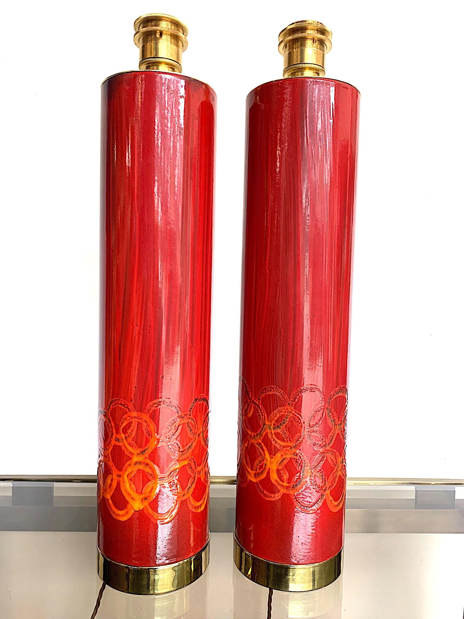 Lovely Pair of Swedish Red Ceramic Lamps Brass Fittings and New Bespoke Shades For Sale 6