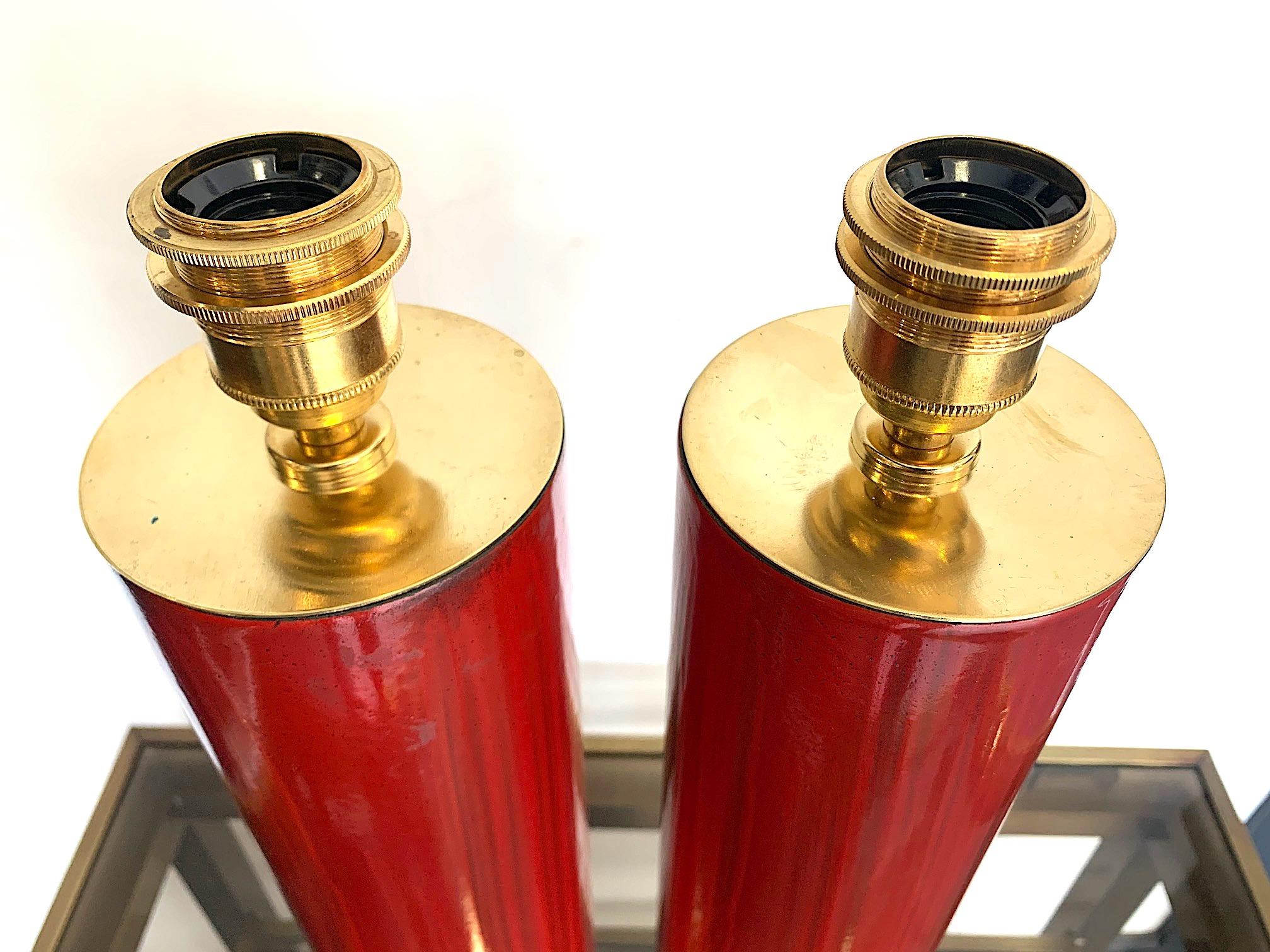Lovely Pair of Swedish Red Ceramic Lamps Brass Fittings and New Bespoke Shades For Sale 7