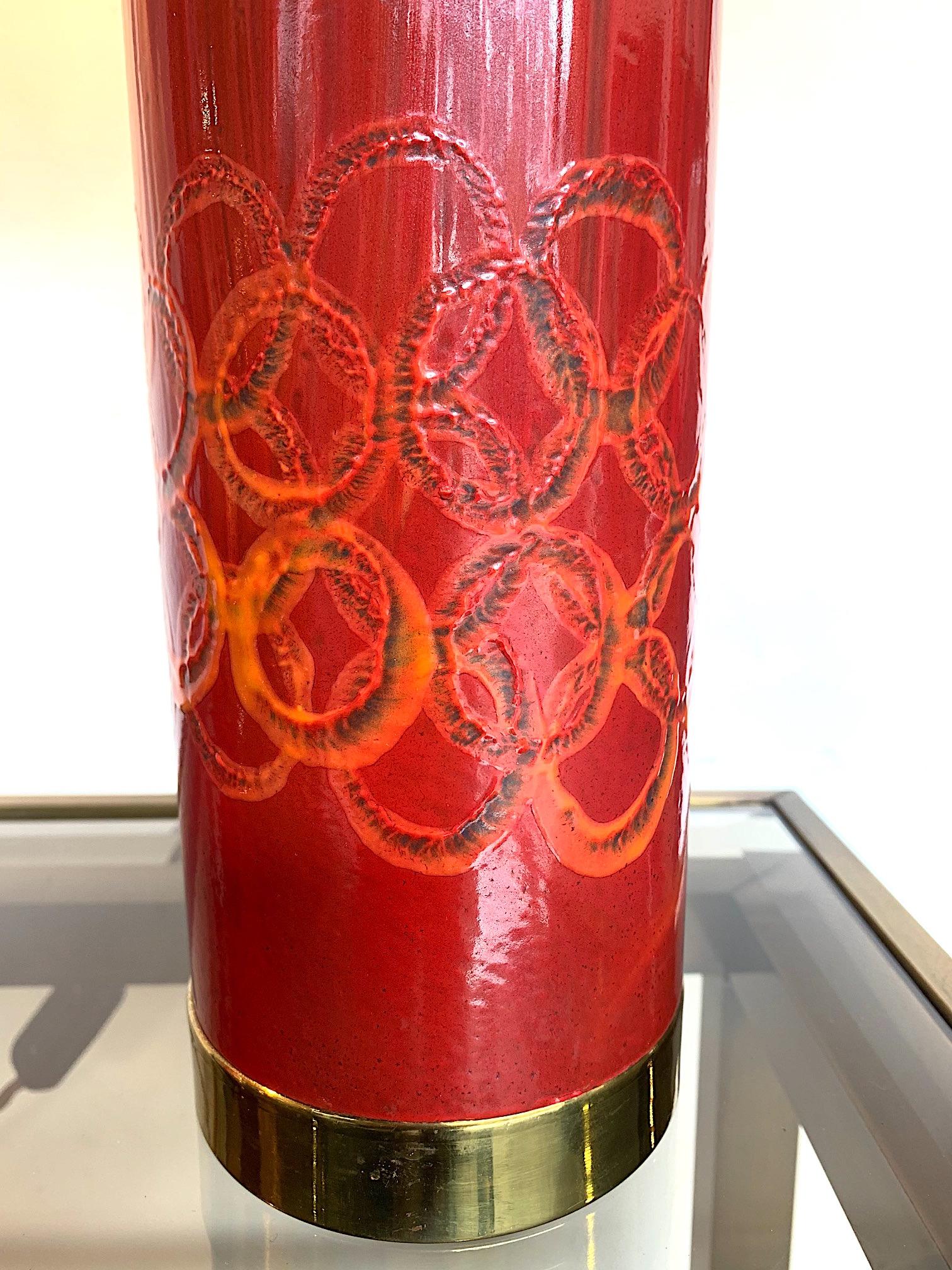 Lovely Pair of Swedish Red Ceramic Lamps Brass Fittings and New Bespoke Shades 9