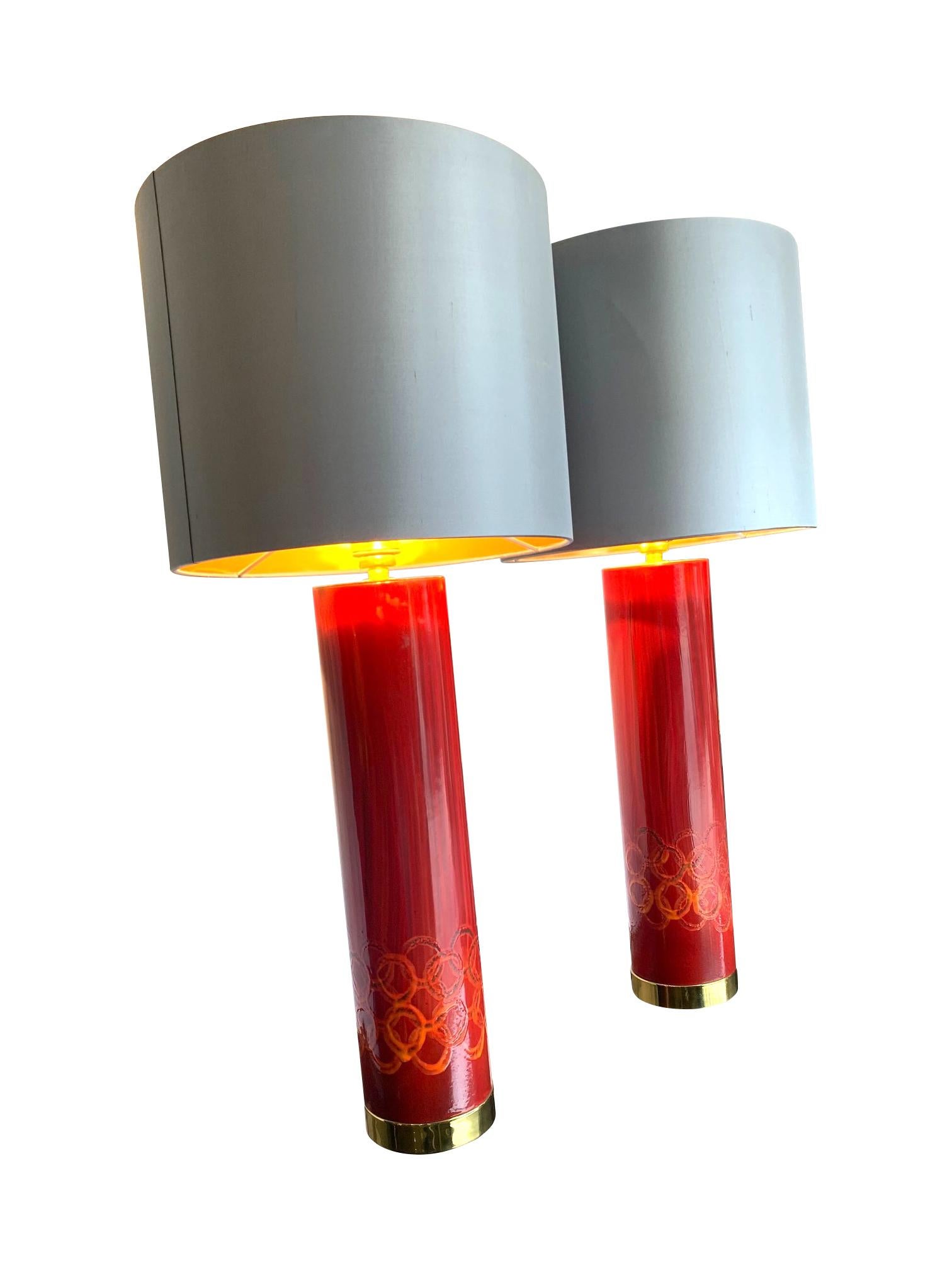 Mid-Century Modern Lovely Pair of Swedish Red Ceramic Lamps Brass Fittings and New Bespoke Shades For Sale