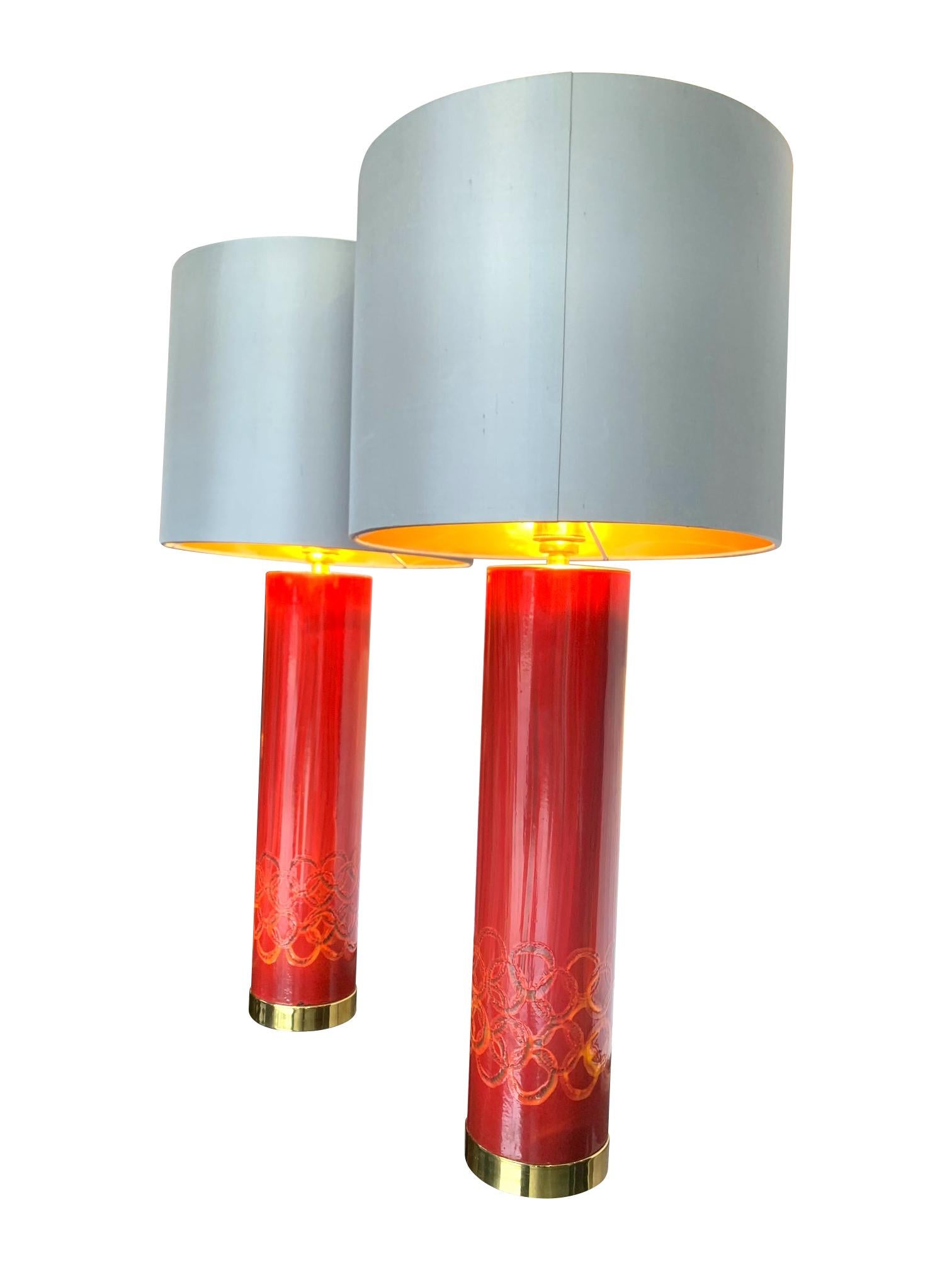 Lovely Pair of Swedish Red Ceramic Lamps Brass Fittings and New Bespoke Shades In Good Condition For Sale In London, GB