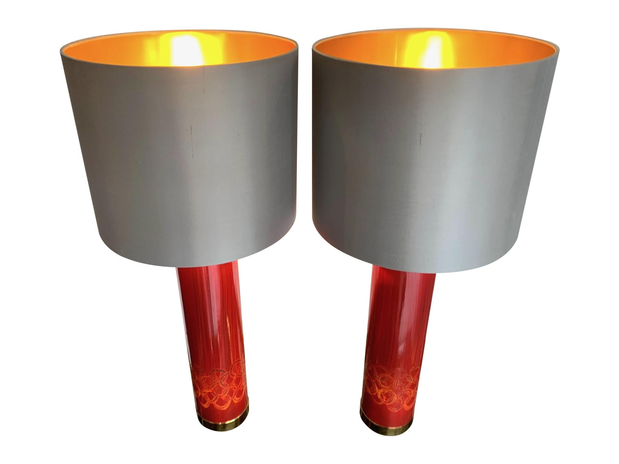 Lovely Pair of Swedish Red Ceramic Lamps Brass Fittings and New Bespoke Shades For Sale 2