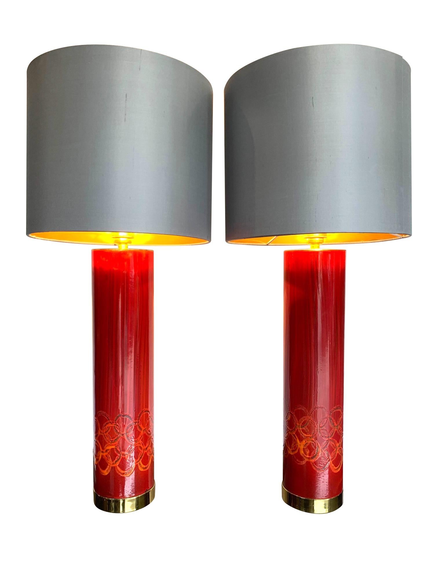 Lovely Pair of Swedish Red Ceramic Lamps Brass Fittings and New Bespoke Shades For Sale 3