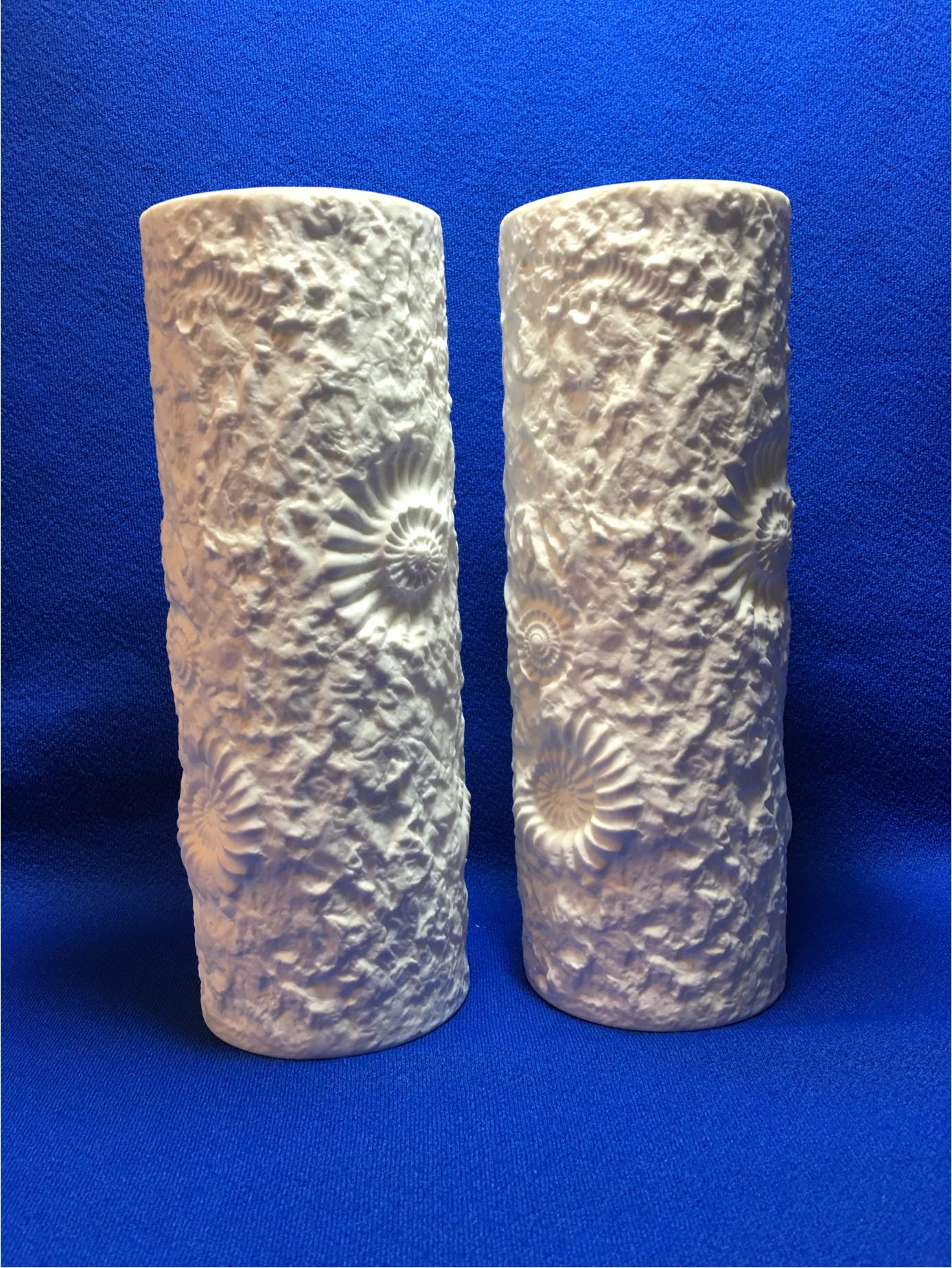 Late 20th Century Lovely Pair of White Matte Fossil Rock Vases by Kaiser of Germany For Sale