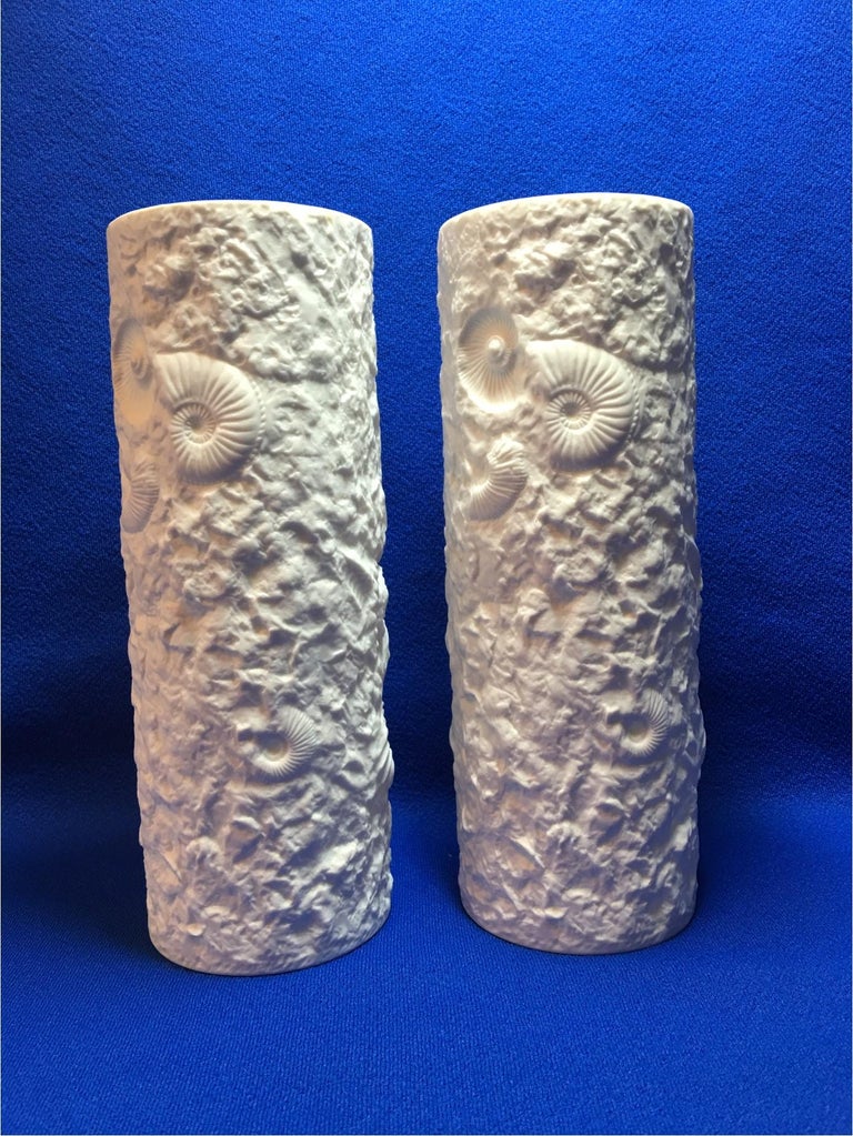 Lovely Pair of White Matte Fossil Rock Vases by Kaiser of Germany For