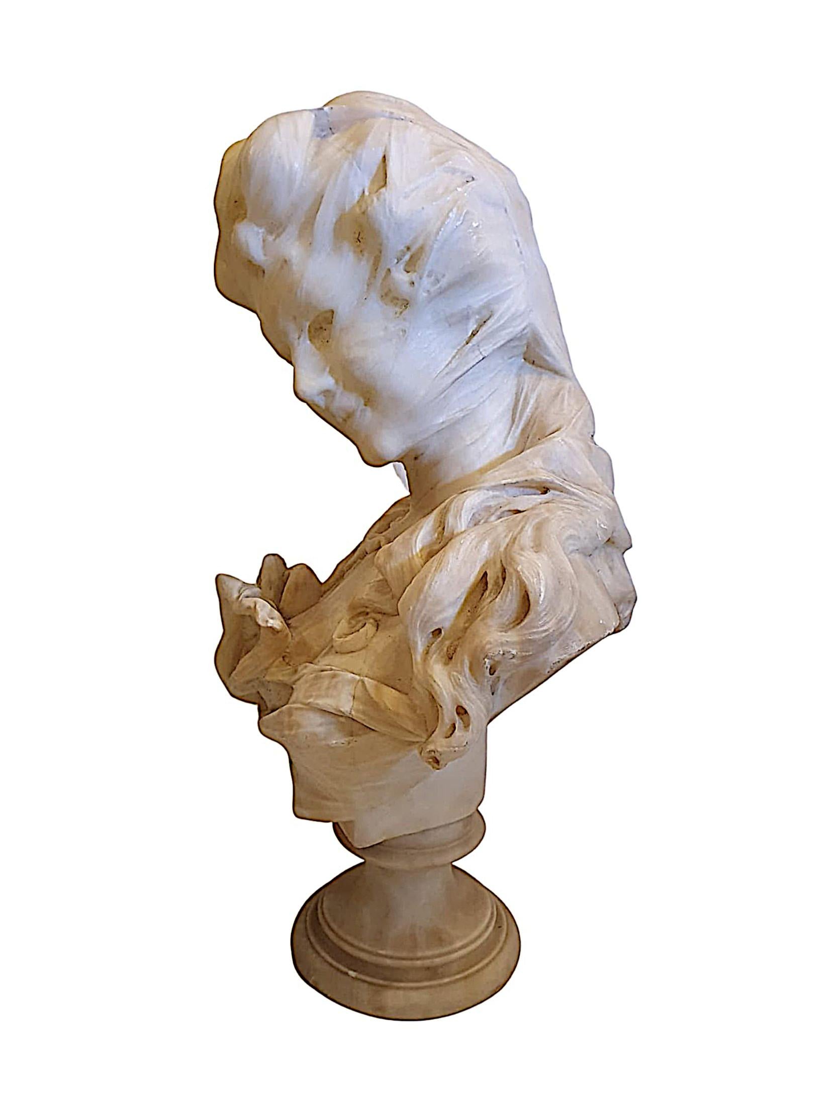 French Lovely Quality 19th Century Carved Alabaster Bust of a Veiled Lady For Sale