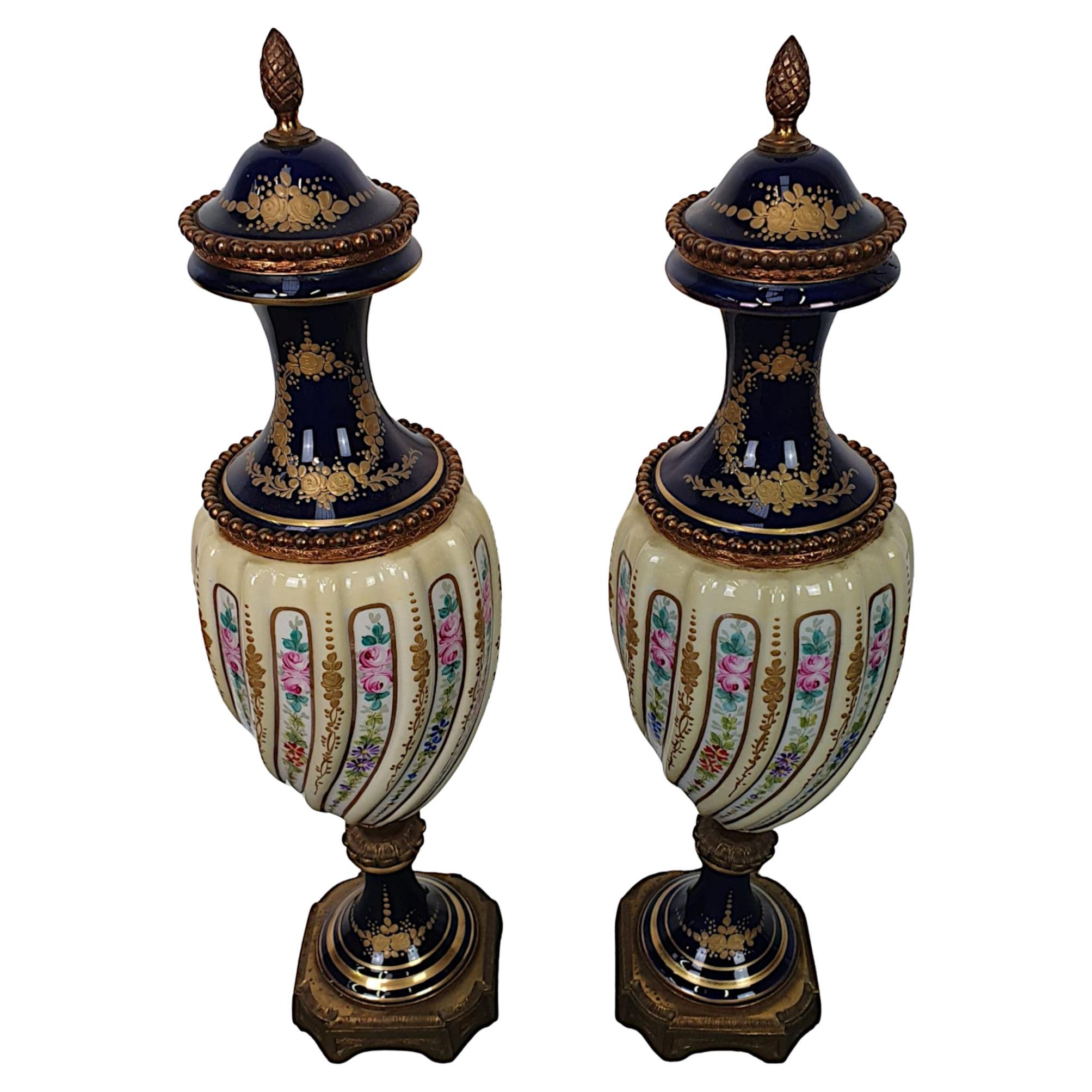 Lovely Quality Pair of 19th Century Urns in the Manner of Sèvres For Sale