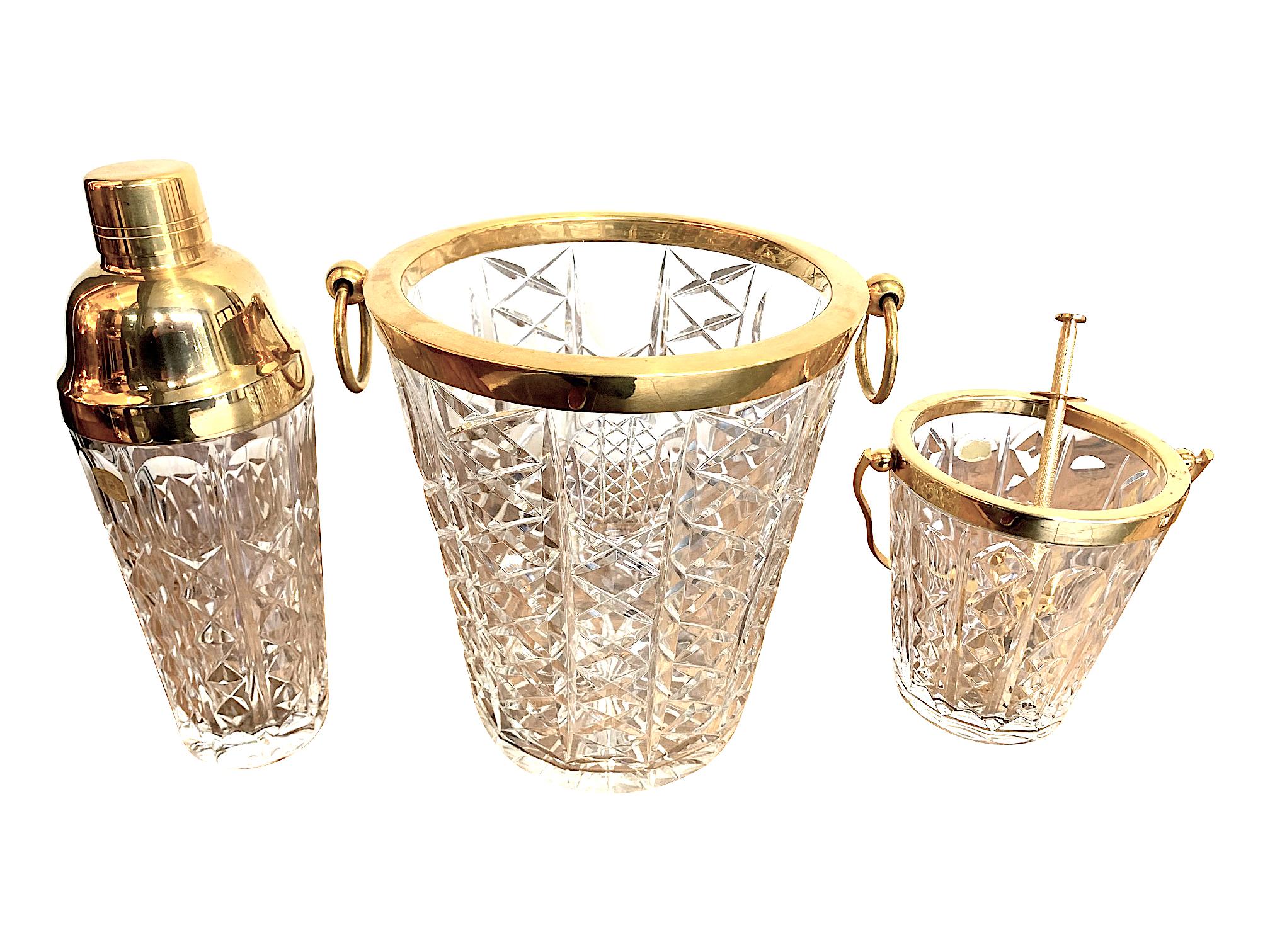 A lovely rare 1960s Val St Lambert crystal and gold-plated cocktail set with Champagne bucket, Ice bucket with ice grabbers and cocktail Shaker, all in good condition. Measurement listed is for the Champagne bucket.
