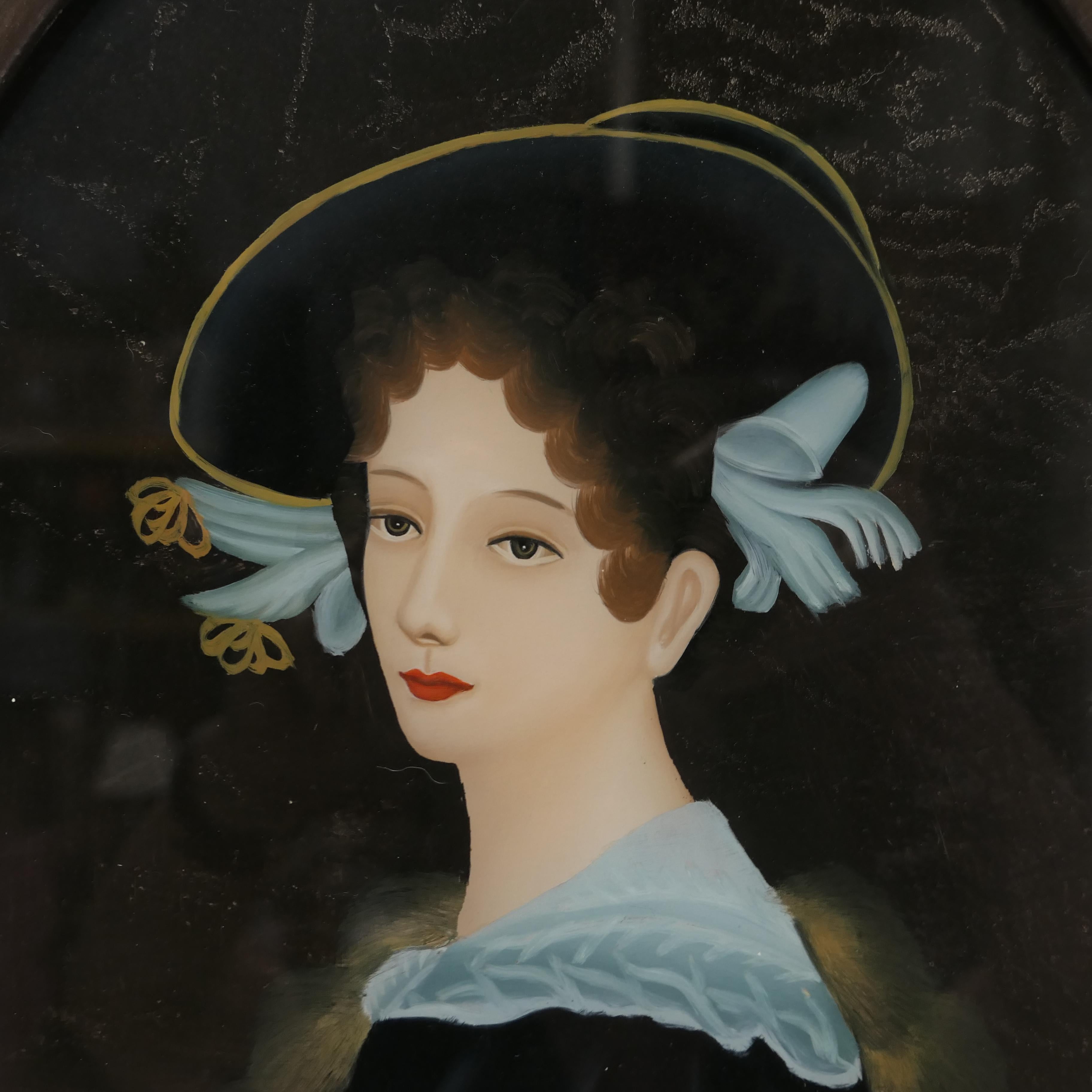 Early 20th Century A Lovely Reverse Painted Portrait on Glass of An Edwardian Beauty    For Sale