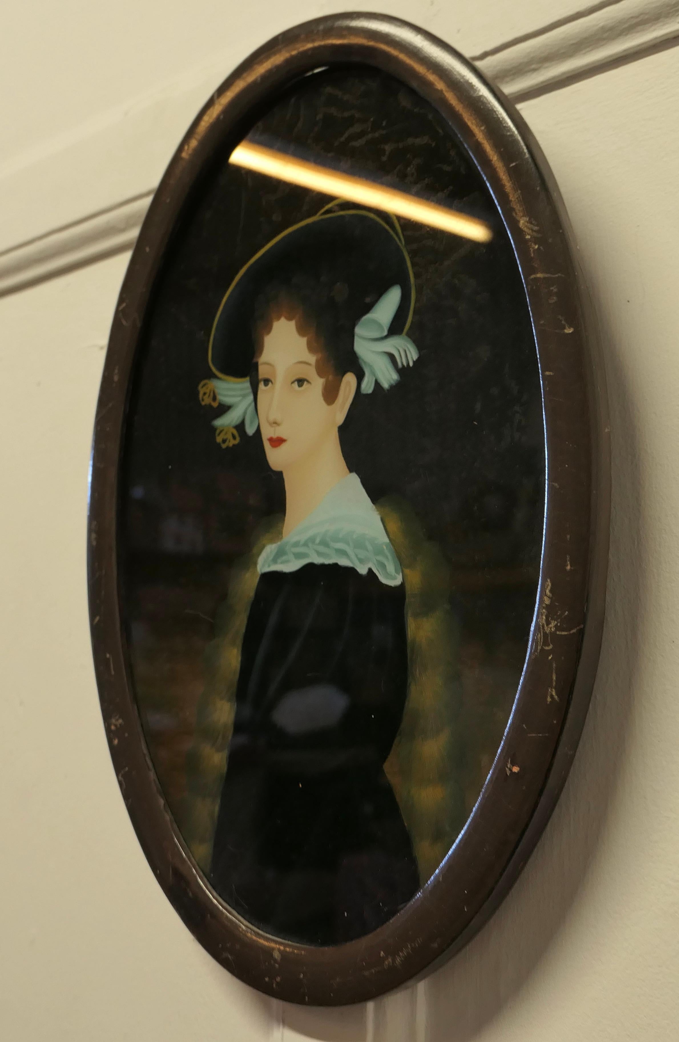 Verre Ravissant portrait sur verre peint à l'envers d'une beauté édouardienne    en vente