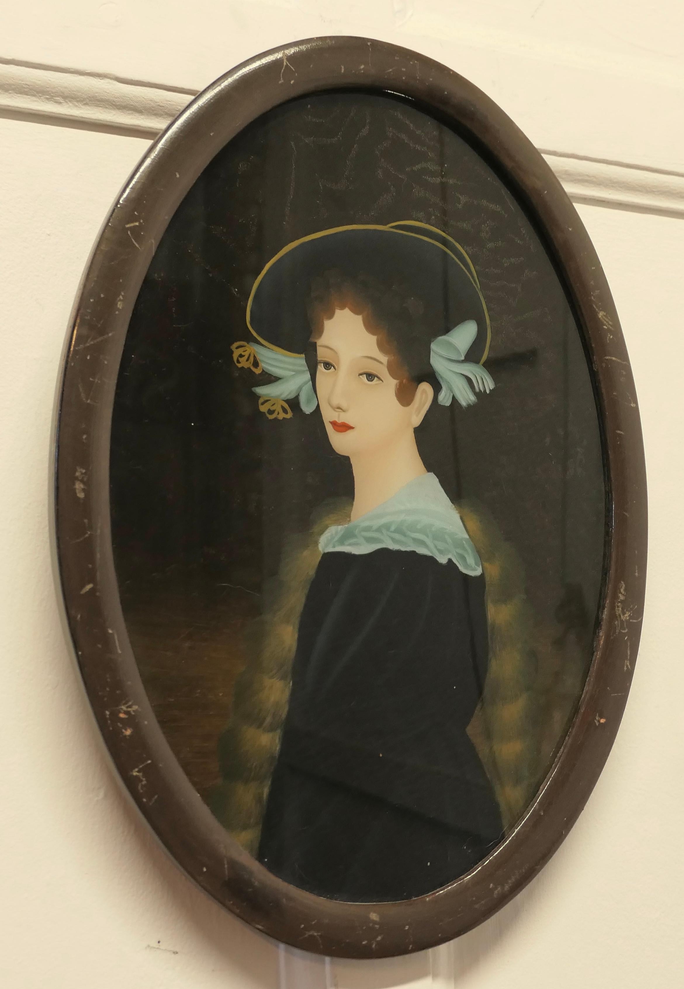 A Lovely Reverse Painted Portrait on Glass of An Edwardian Beauty    For Sale 3