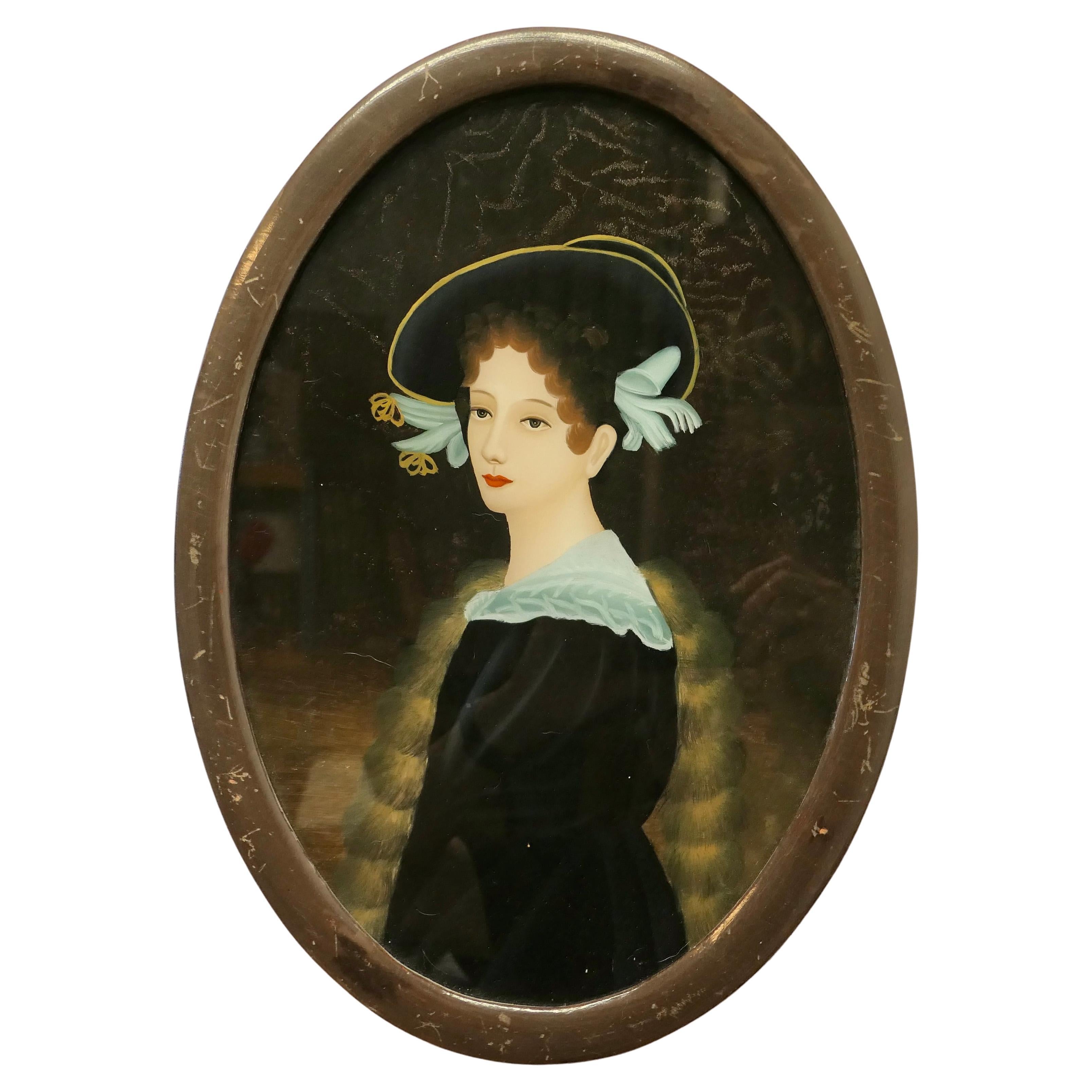 A Lovely Reverse Painted Portrait on Glass of An Edwardian Beauty    For Sale