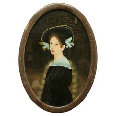 Antique A Lovely Reverse Painted Portrait on Glass of An Edwardian Beauty   