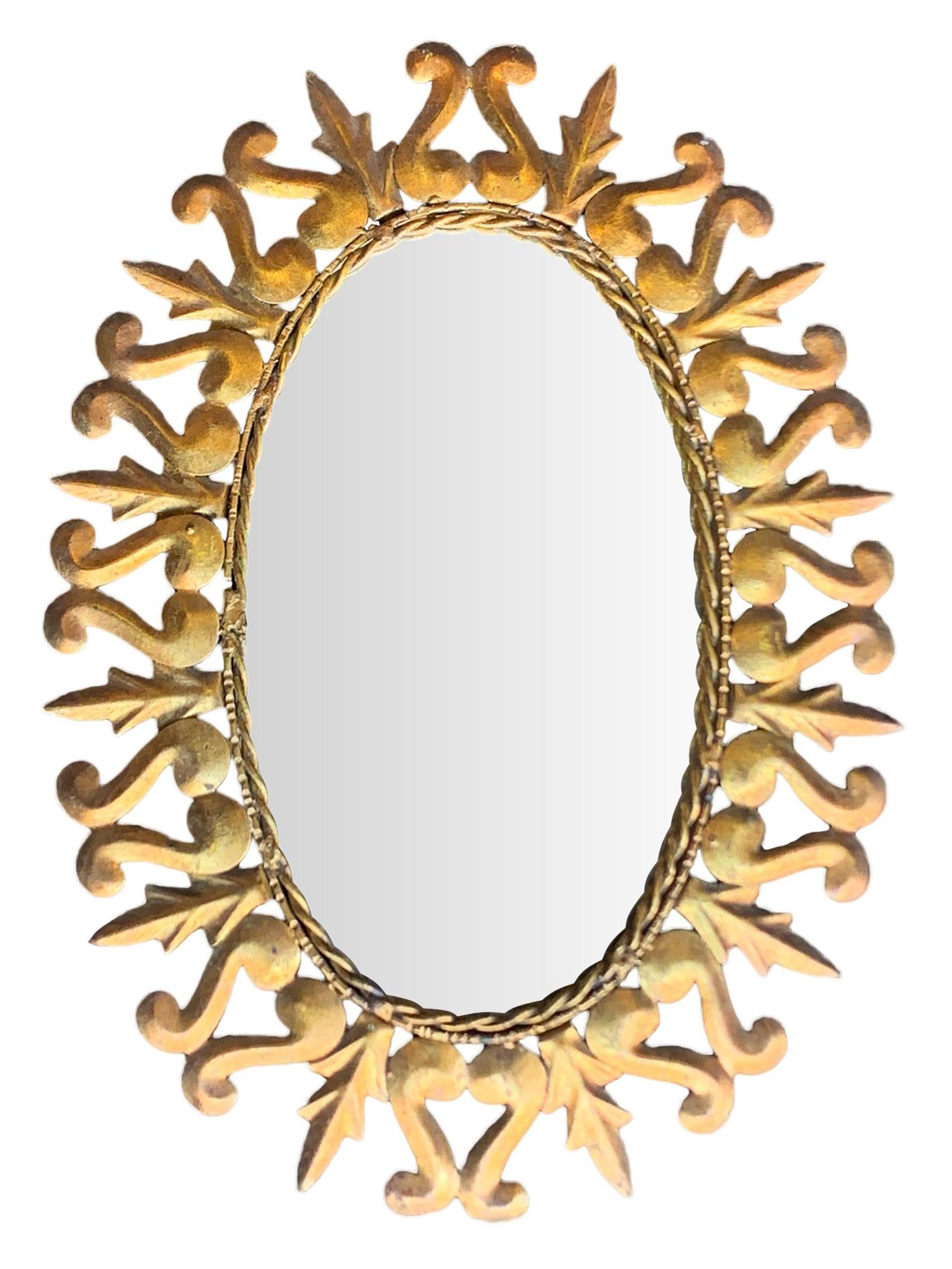 Mid-Century Modern Lovely Spanish Ornate Gilt Metal Oval Sunburst Wall Mirror
