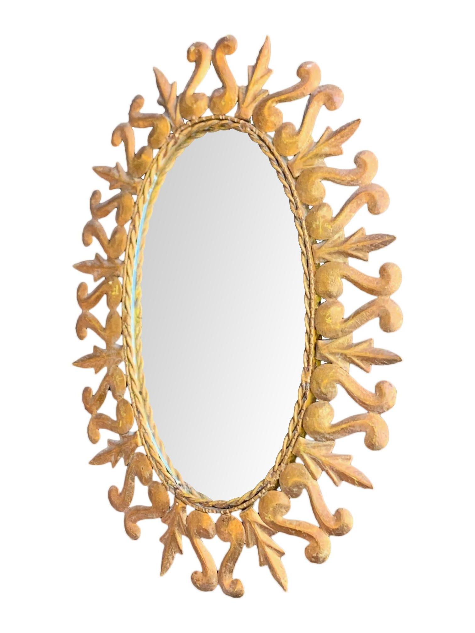 Mid-20th Century Lovely Spanish Ornate Gilt Metal Oval Sunburst Wall Mirror