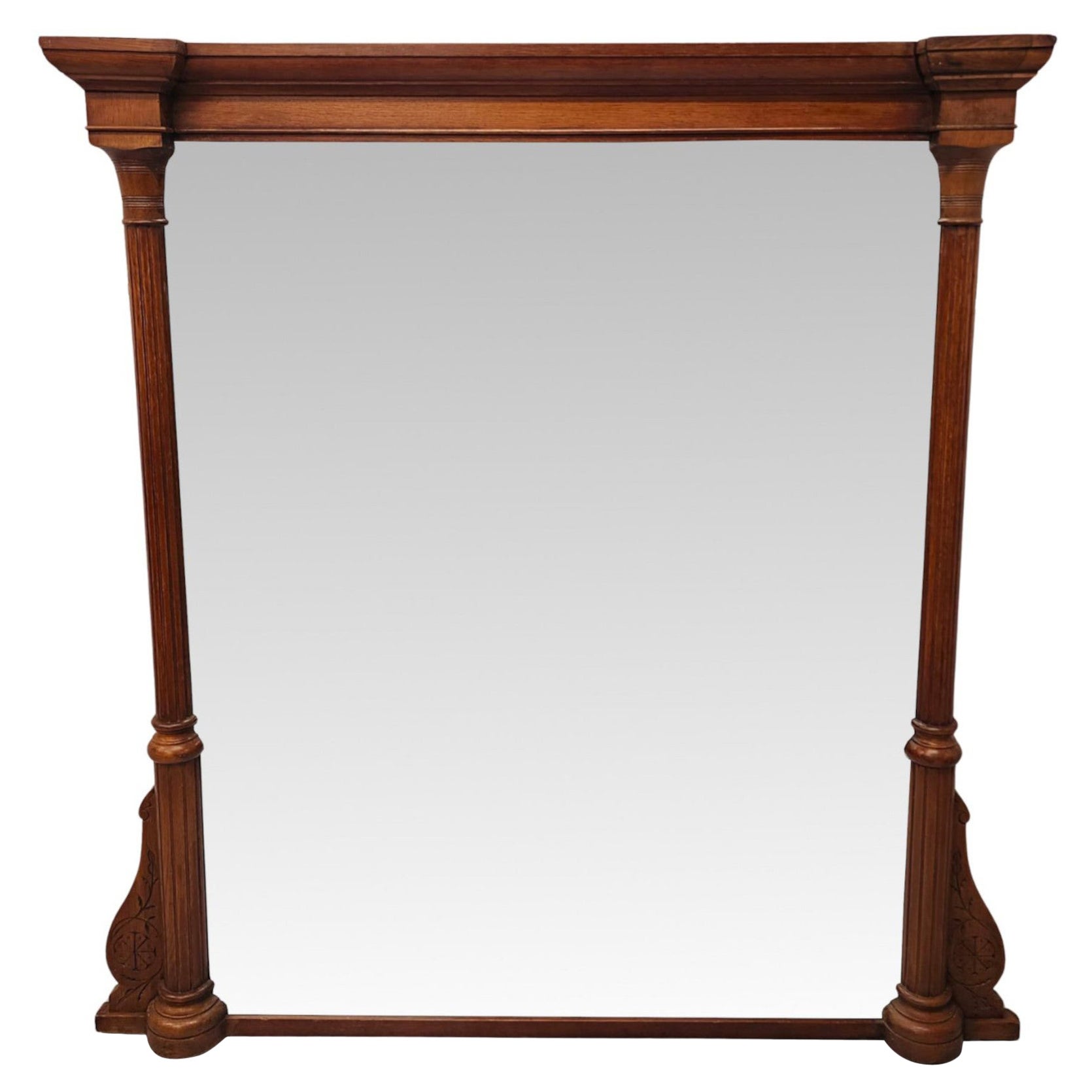 A Lovely Unusual 19th Century Solid Oak Framed Large Size Overmantel Mirror For Sale