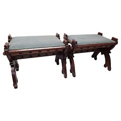 A Lovely Unusual Pair of 19th Century Gothic Oak X Framed Stools A Lovely Unusual Pair of 19th Century Gothic Oak X Framed Stools