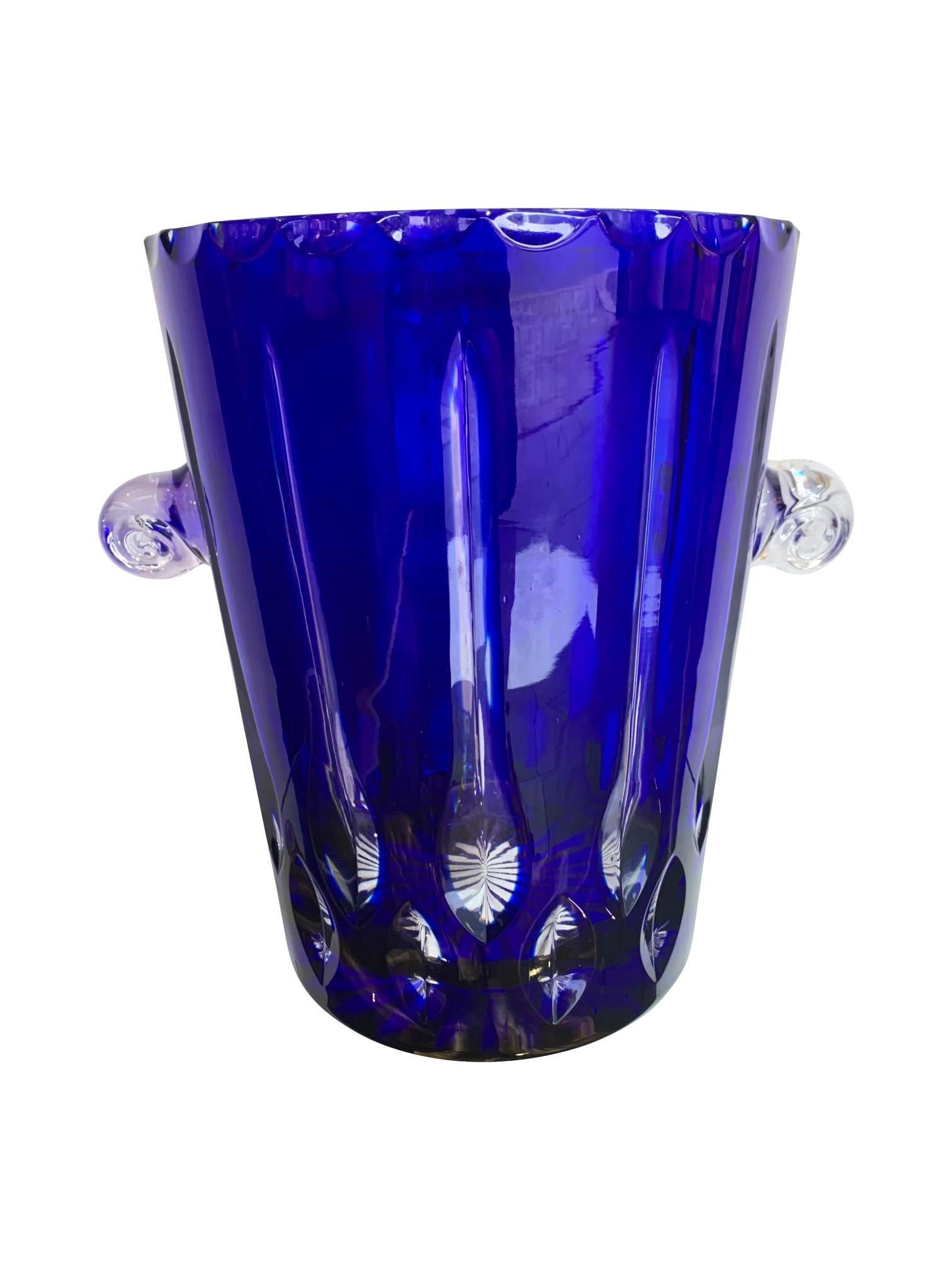 A lovely large Val Saint Lambert cobalt blue crystal champagne bucket with scolloped rim and cut drops detail and crystal side handles on each side.