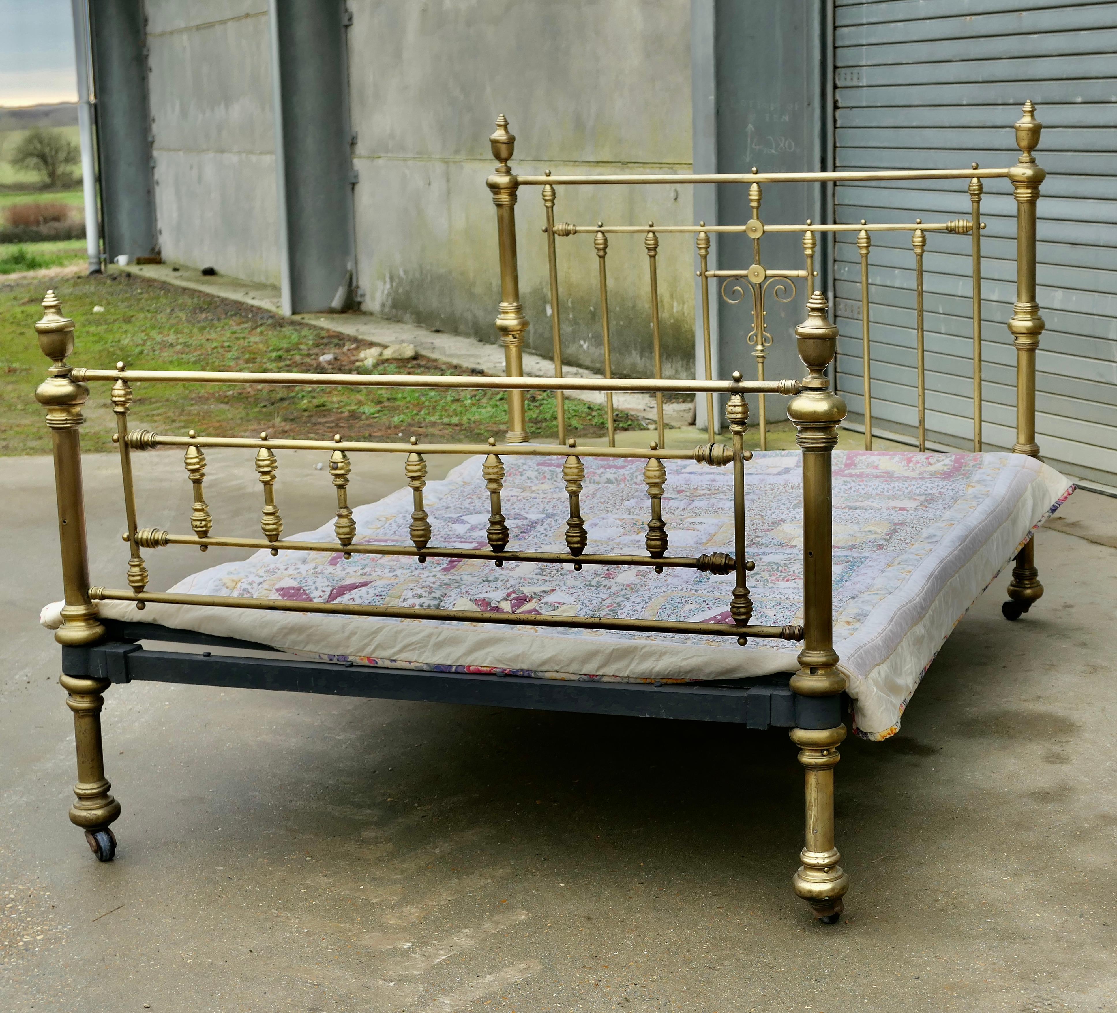 A Lovely Victorian Arts and Crafts Brass Double Bed

This traditional bed dates from around 1880, both head and foot board are high and are decorated with brass finials and turnings 
The bed is an attractive piece and in good sound condition, it