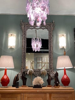 Lovley 1970s Chandelier by Mazzagga in Purple and White Murano Glass Drops