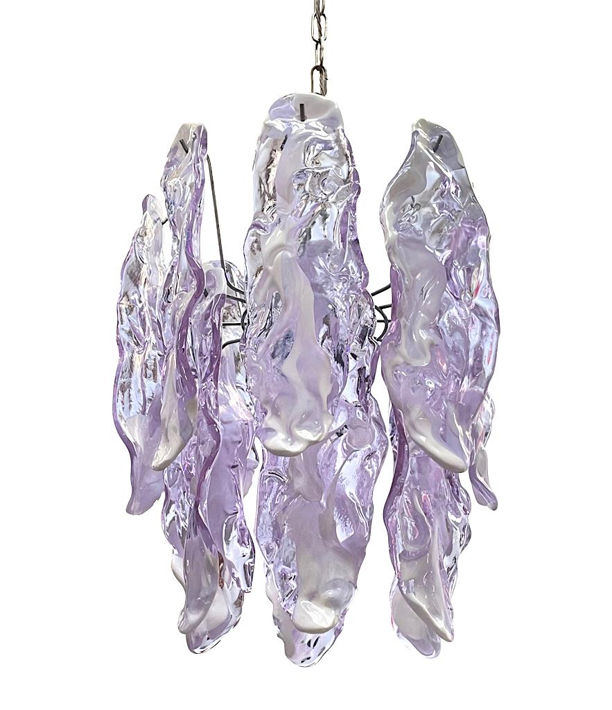 Metal Lovley 1970s Chandelier by Mazzagga in Purple and White Murano Glass Drops
