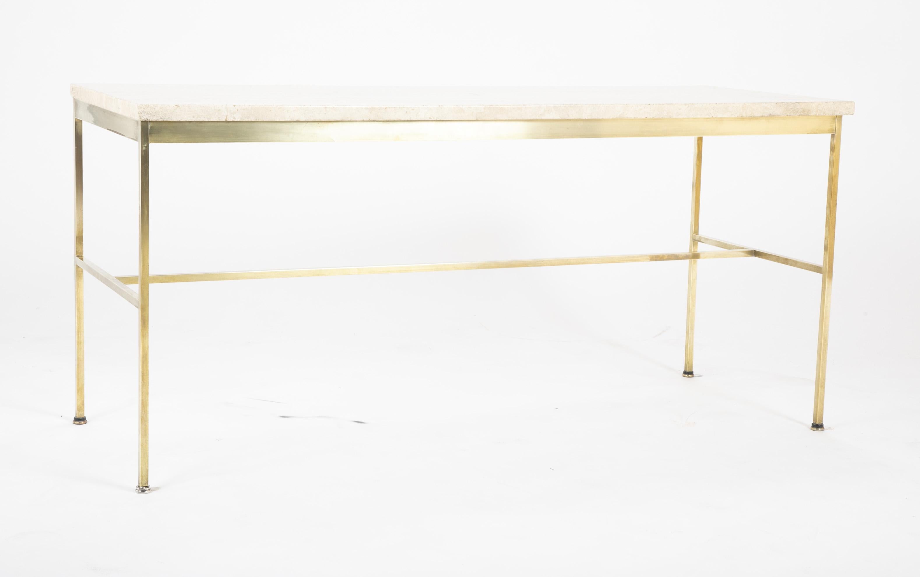 A square brass armature console table with travertine marble top designed by Paul McCobb.