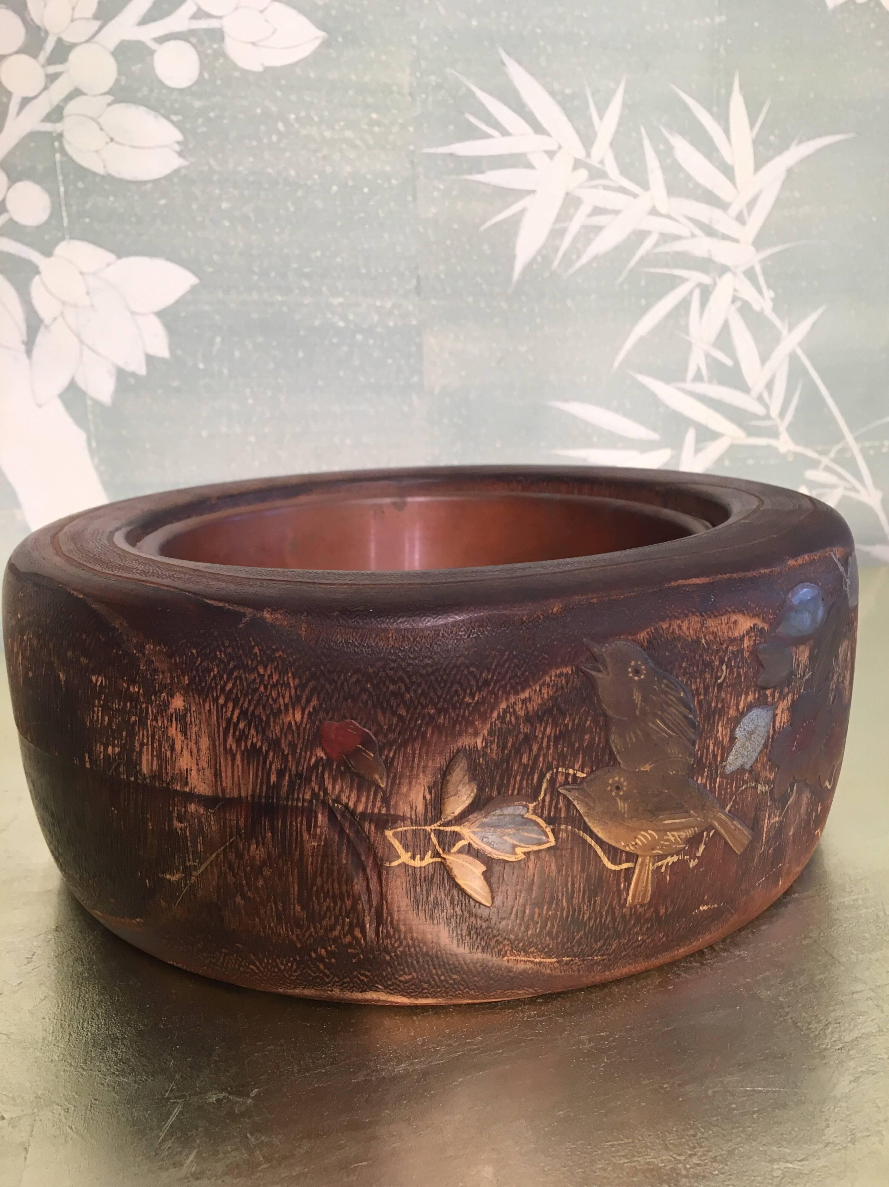 Japanese Low Wooden Hibachi with Design For Sale