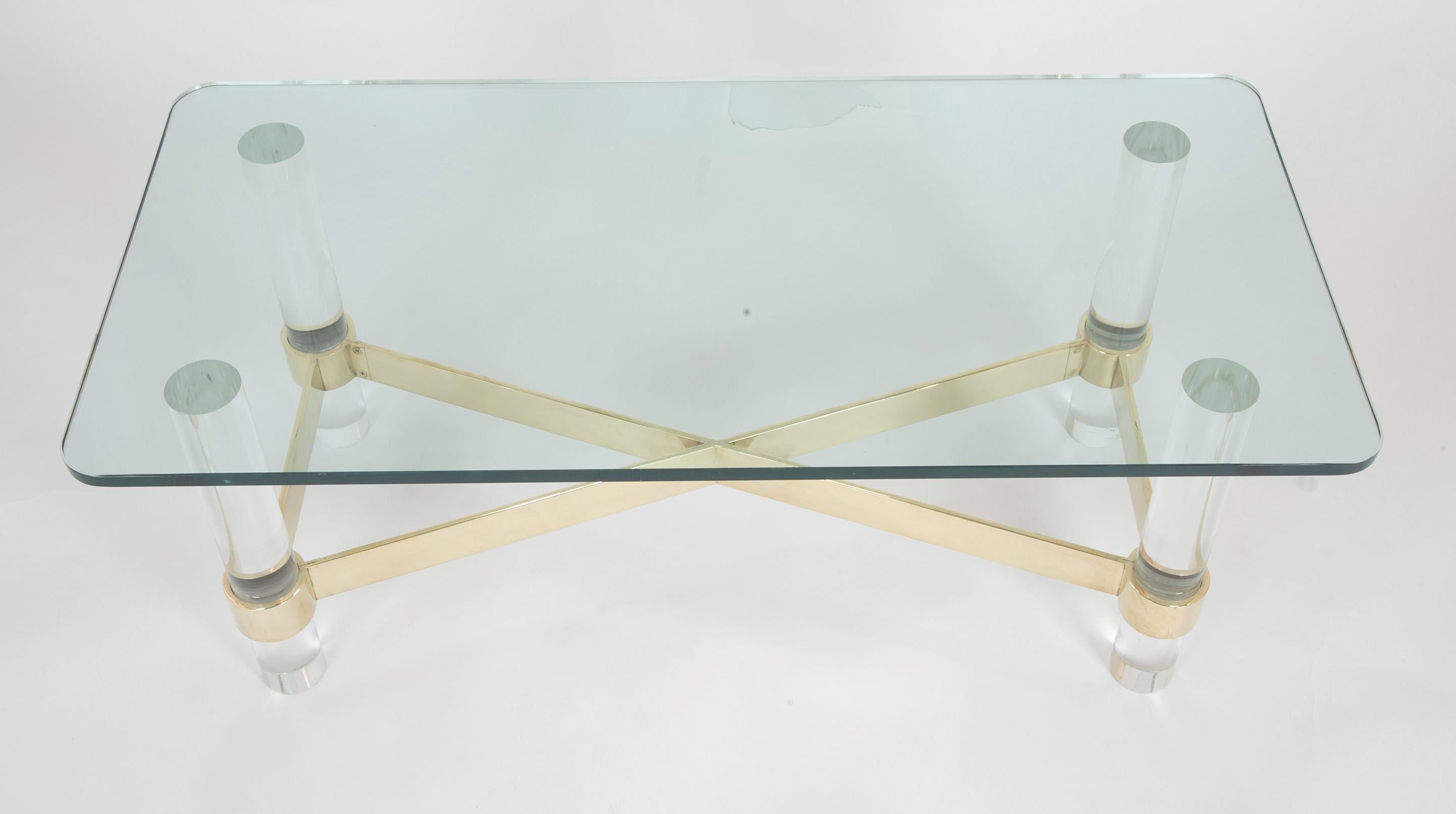 Lucite and Brass Glass Top Coffee Table in the Manner of Karl Springer 6