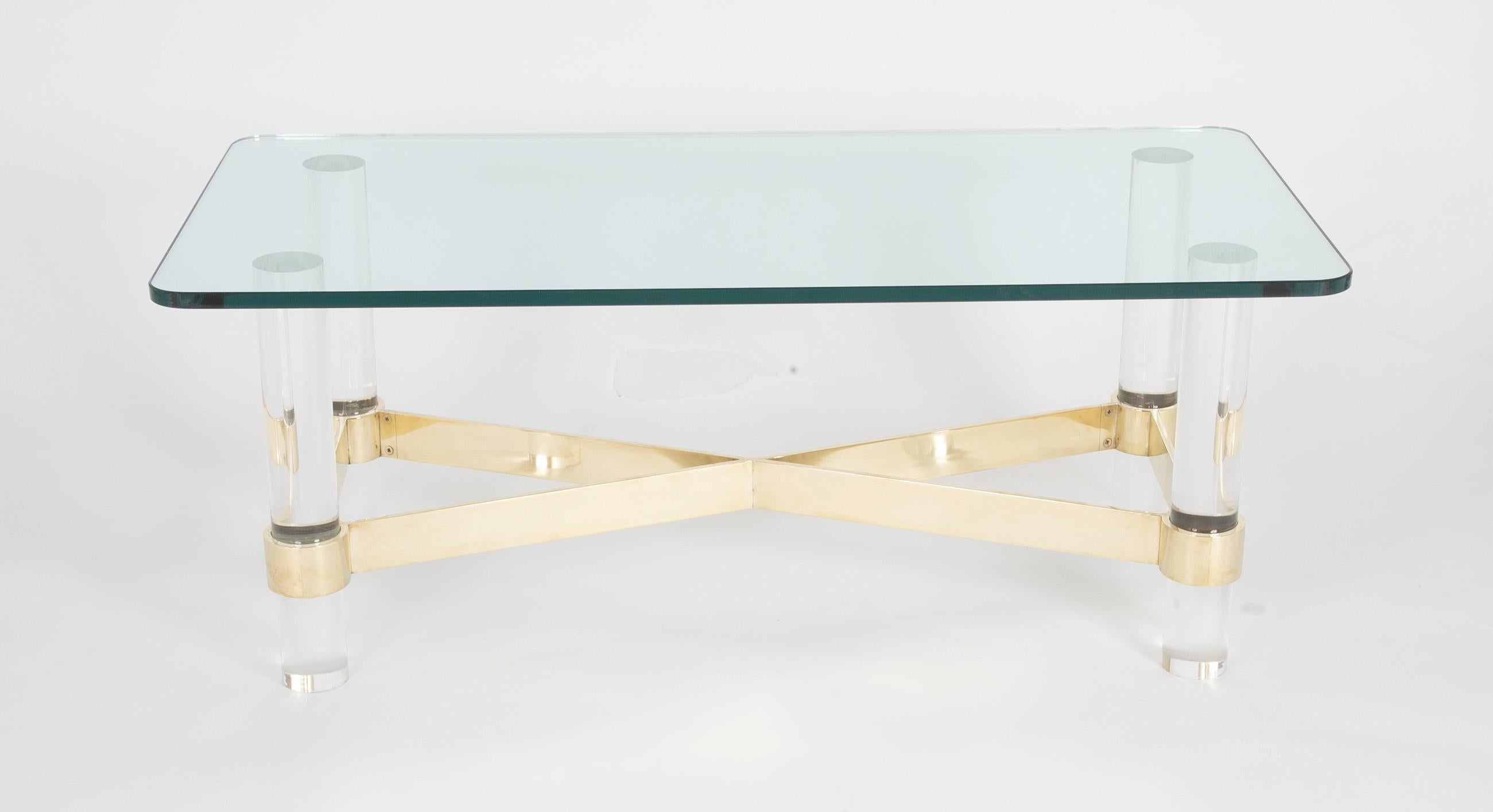 Mid-Century Modern Lucite and Brass Glass Top Coffee Table in the Manner of Karl Springer