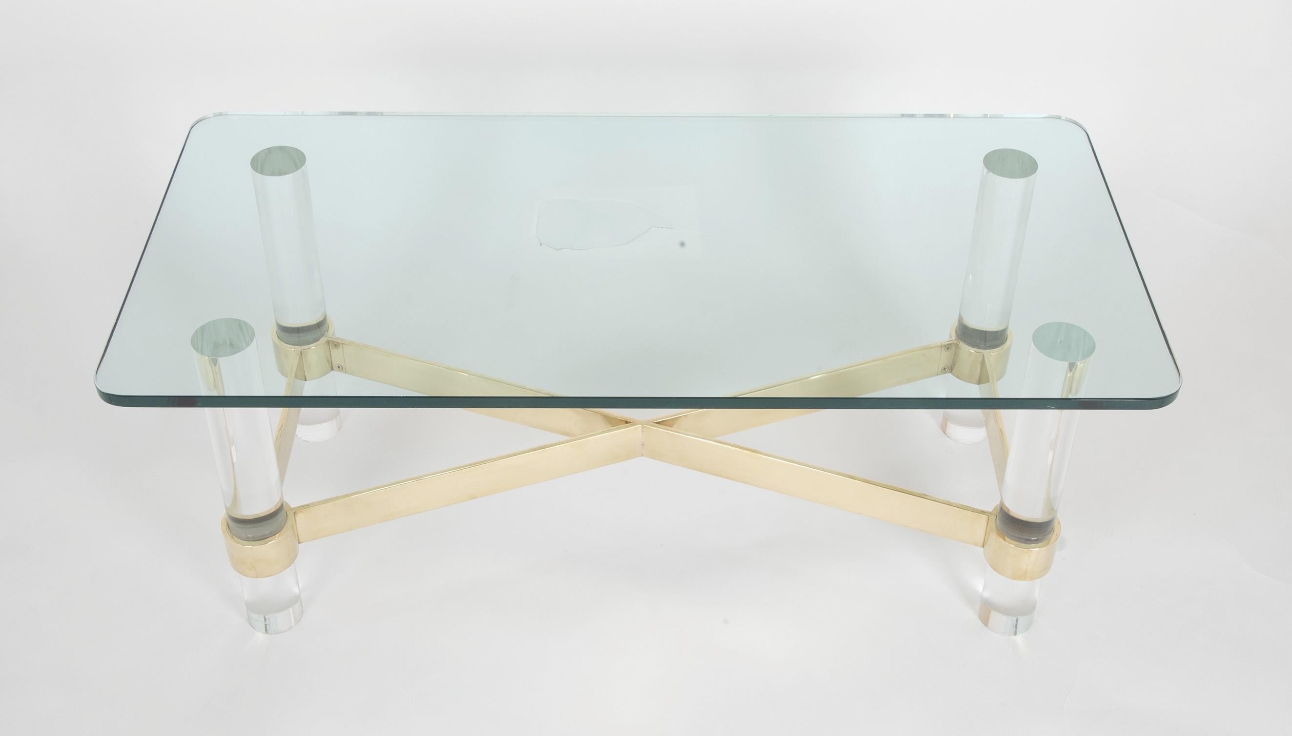 Lucite and Brass Glass Top Coffee Table in the Manner of Karl Springer In Good Condition In Stamford, CT