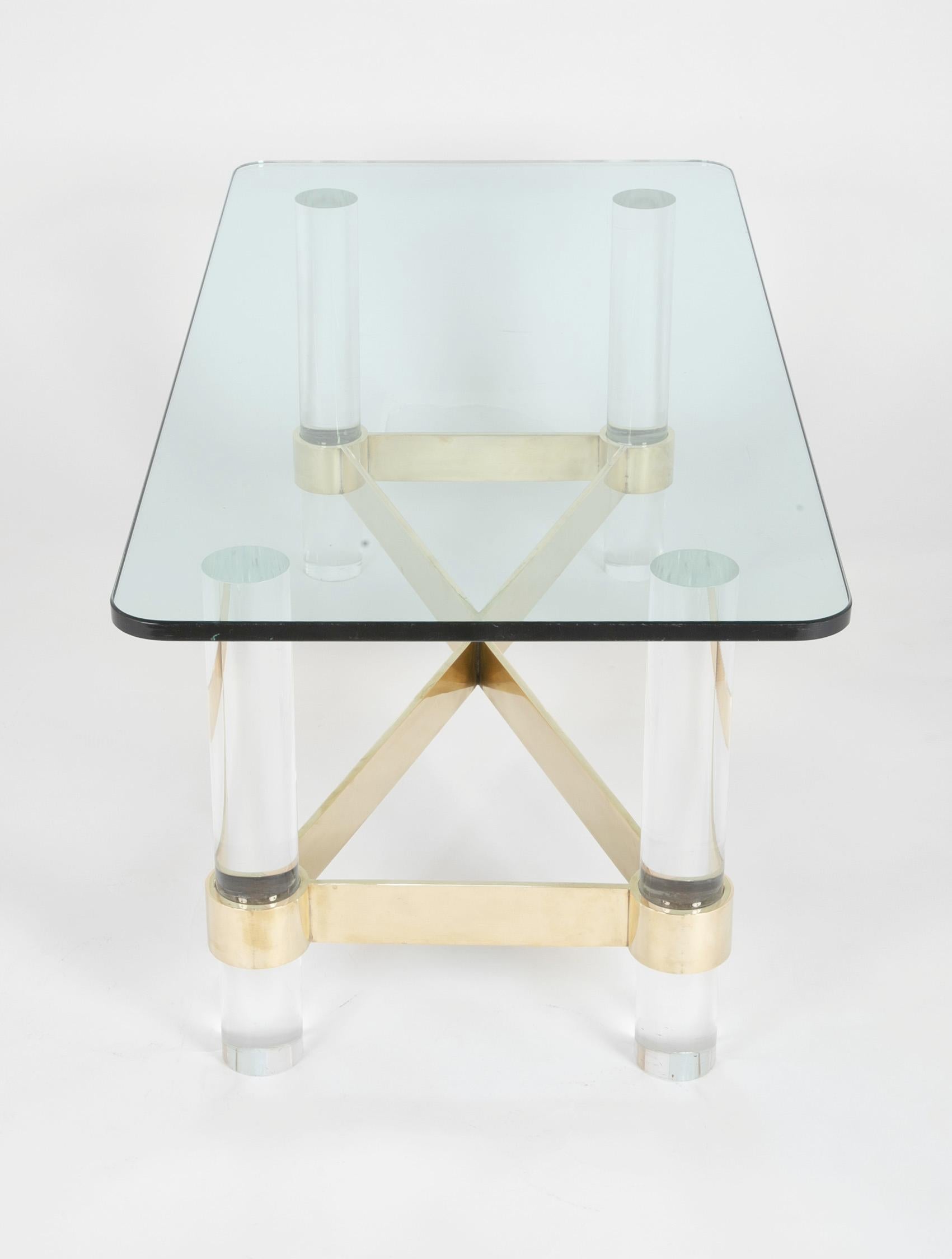 Late 20th Century Lucite and Brass Glass Top Coffee Table in the Manner of Karl Springer