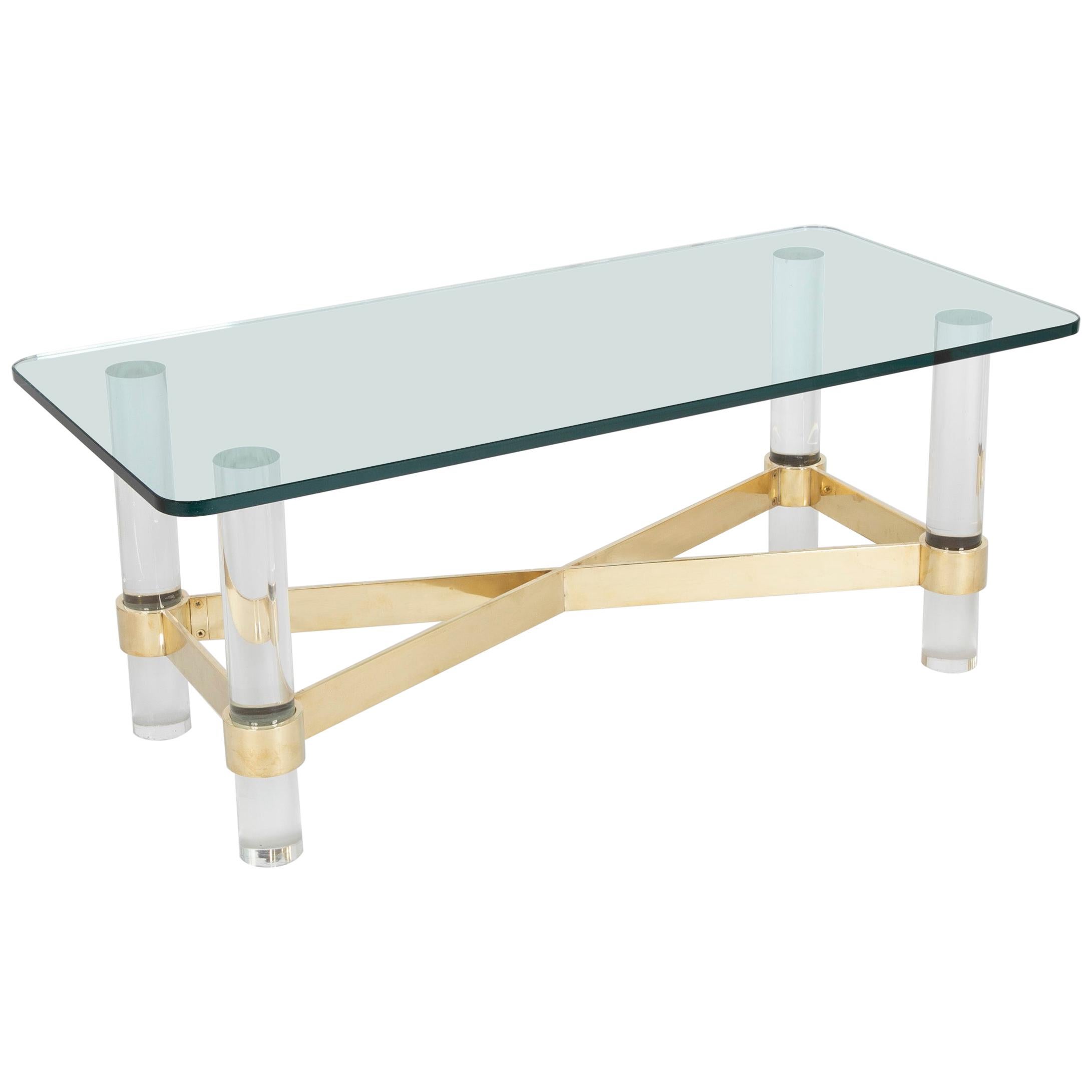 Lucite and Brass Glass Top Coffee Table in the Manner of Karl Springer