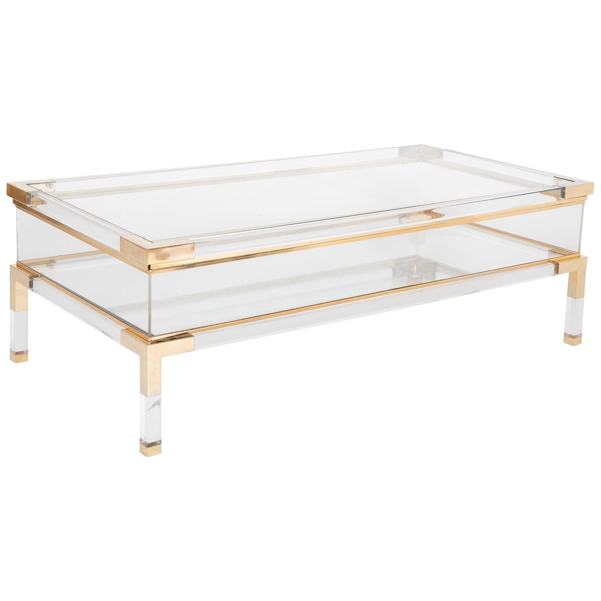 Lucite, Brass and Glass Vitrine Coffee Table by Romeo Rega