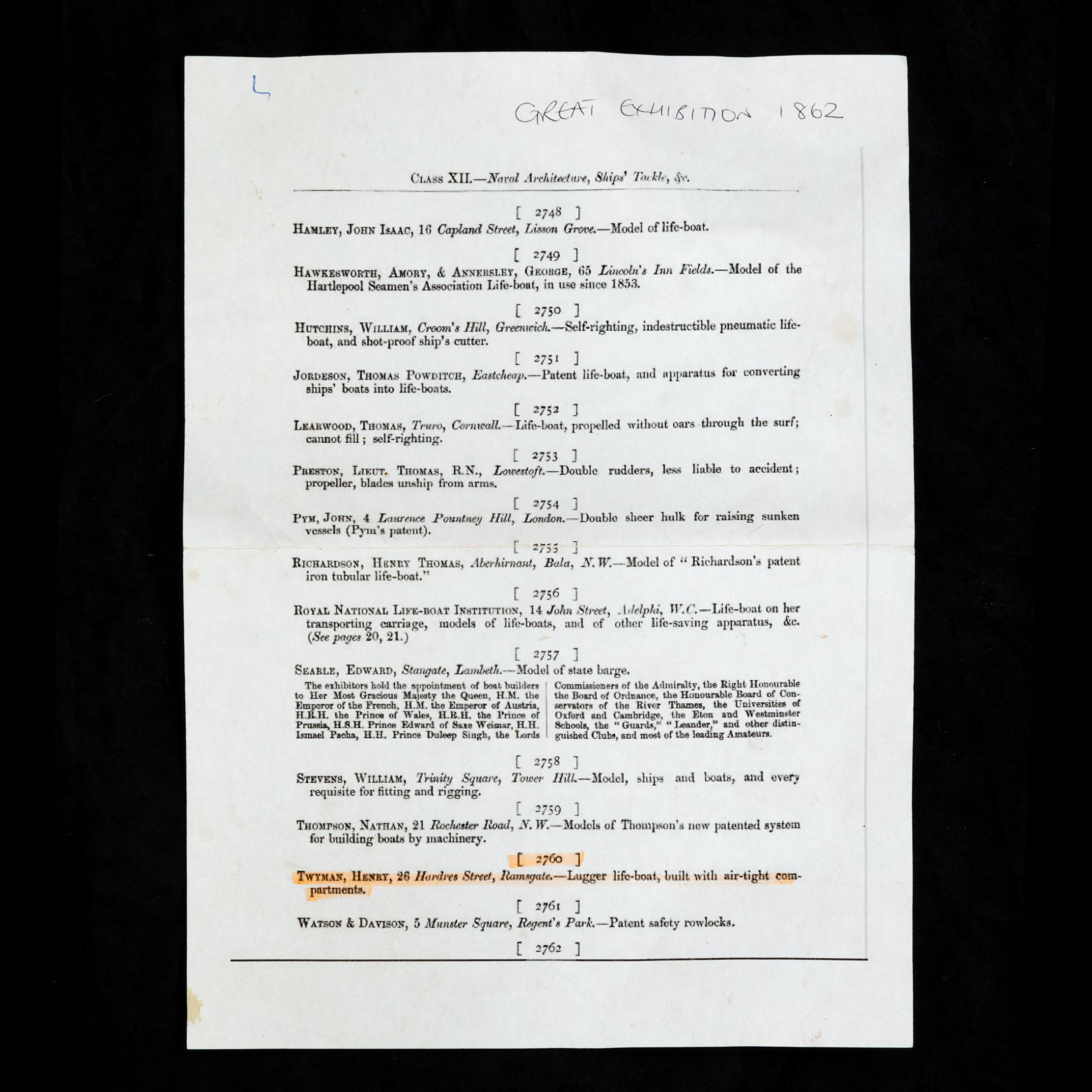 Inglese Modello di scialuppa di Twyman per l'Esposizione Internazionale di Londra, 1862 in vendita