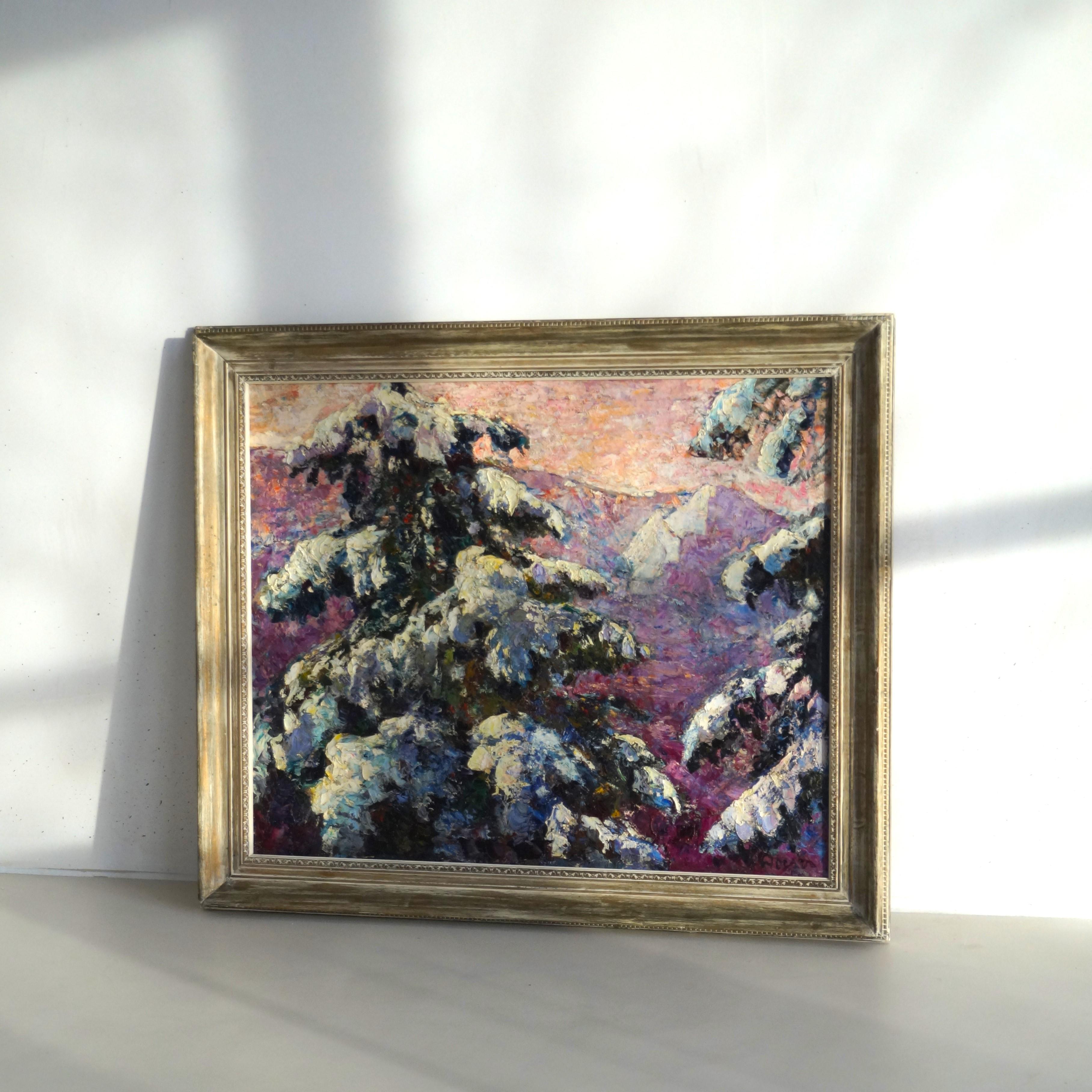 Eine leuchtende Winterszene mit Bäumen und Bergen, Öl auf Baumwolle, Jacobus Doeser im Angebot 3