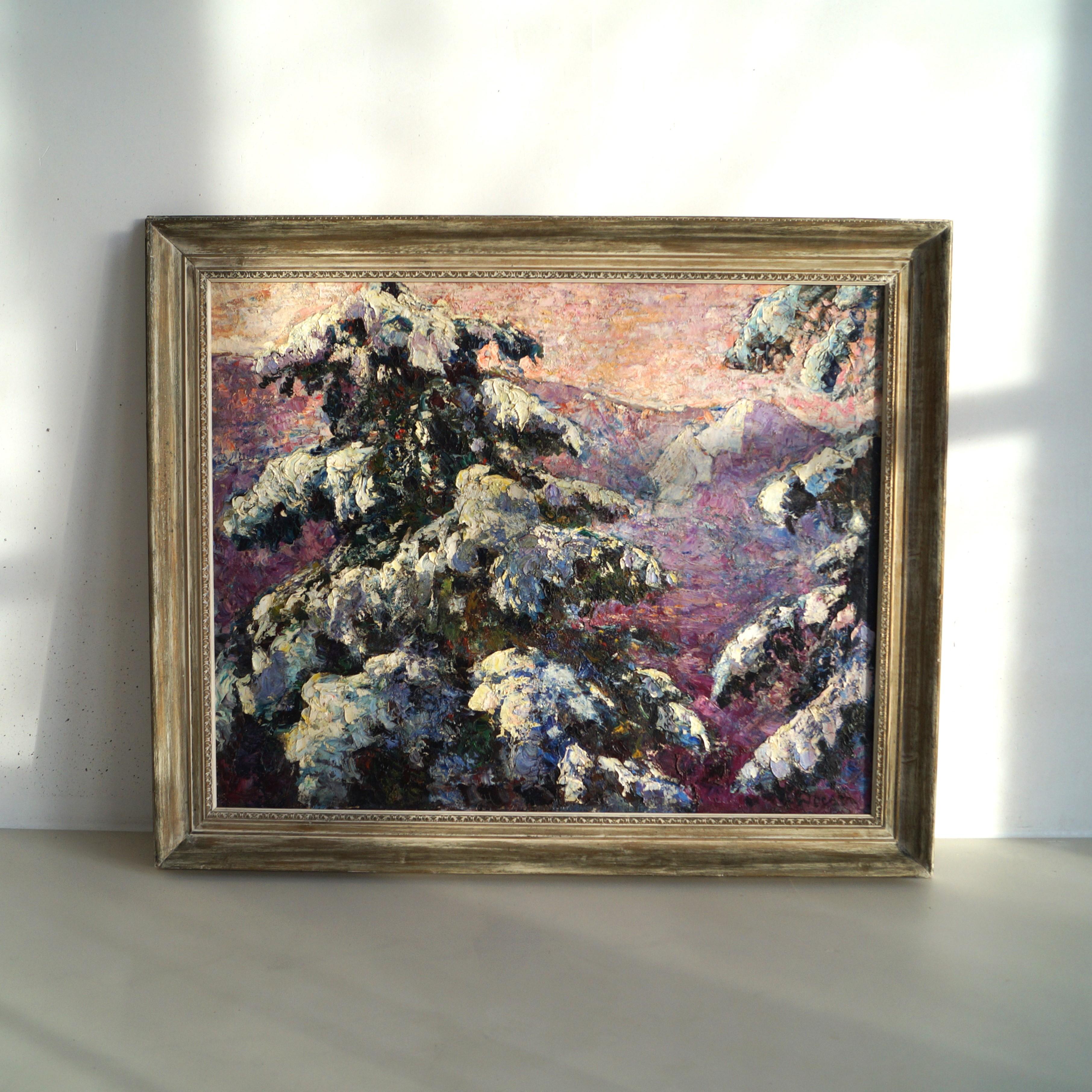 Eine leuchtende Winterszene mit Bäumen und Bergen, Öl auf Baumwolle, Jacobus Doeser im Angebot 4