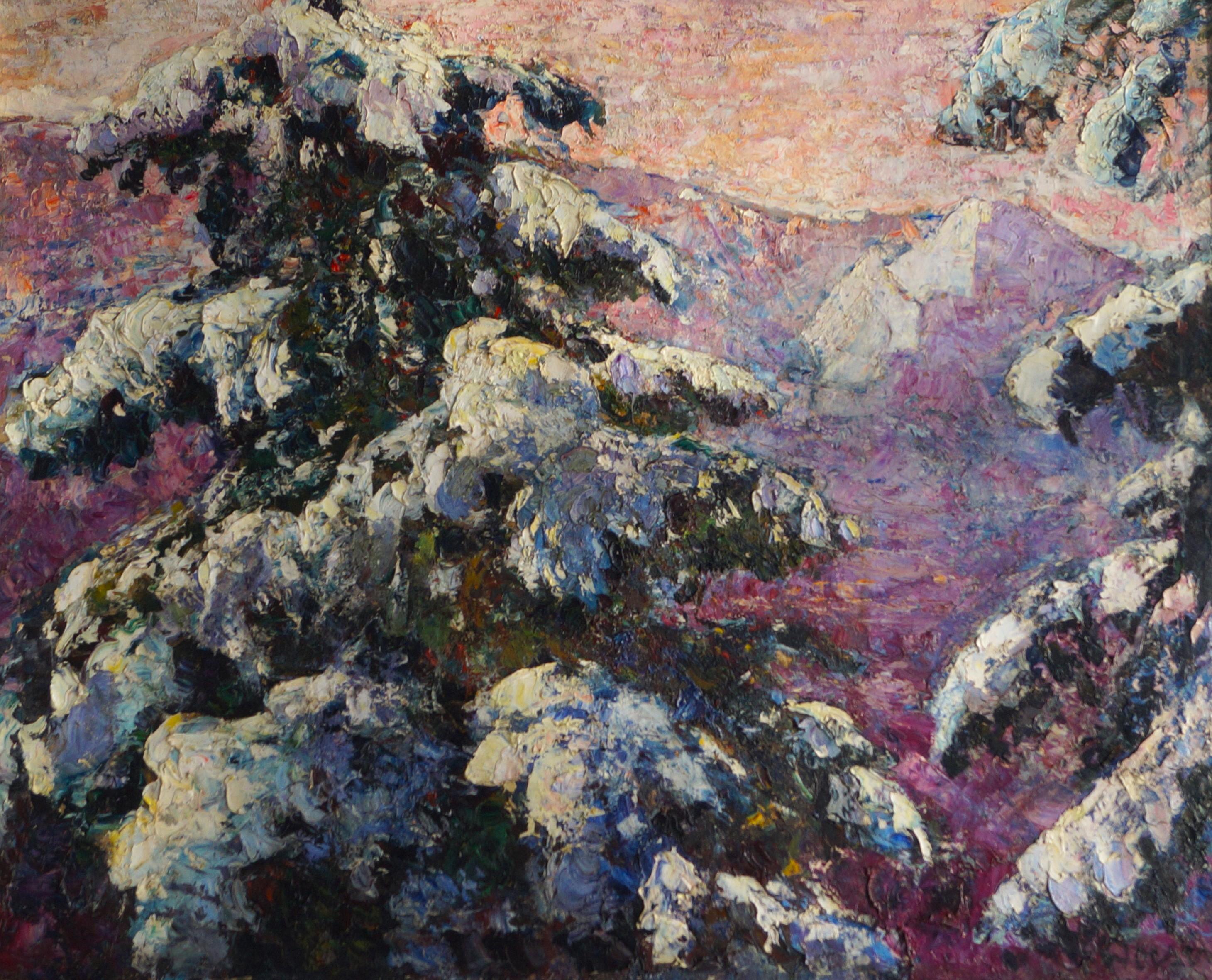 Eine leuchtende Winterszene mit Bäumen und Bergen, Öl auf Baumwolle, Jacobus Doeser im Angebot 5