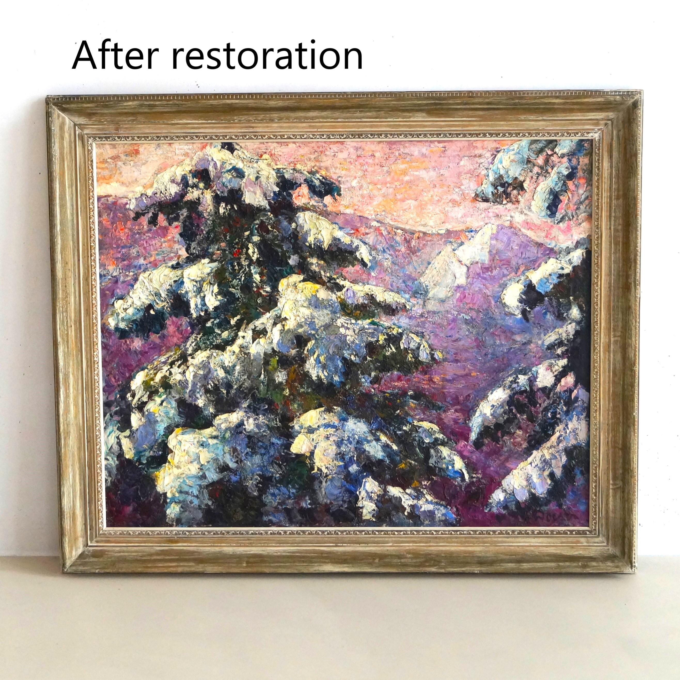 Eine leuchtende Winterszene mit Bäumen und Bergen, Öl auf Baumwolle, Jacobus Doeser im Angebot 10