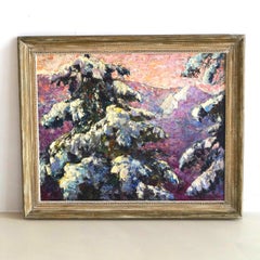 Large luminist framed painting of mountains in snow, oil on cotton, J. Doeser