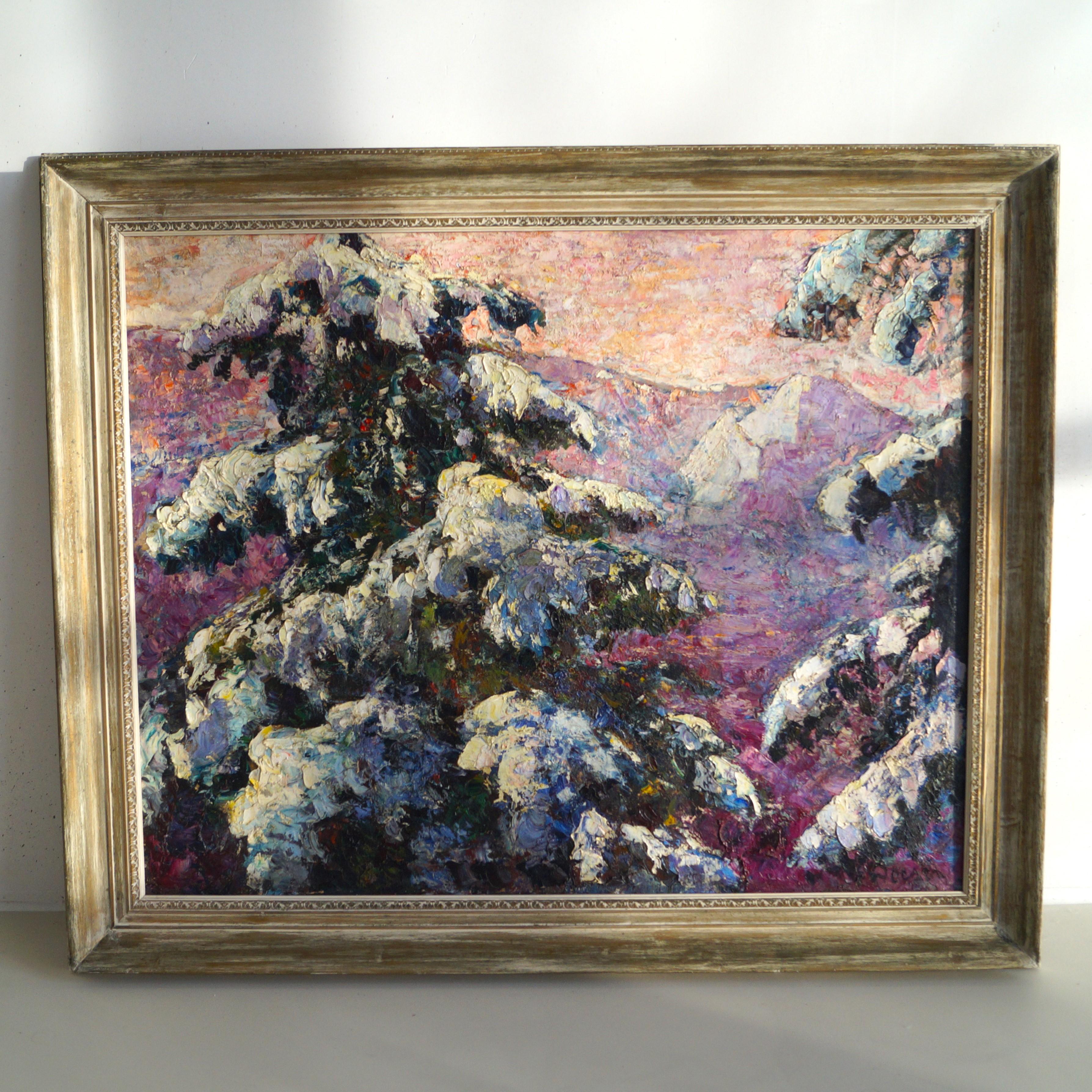Eine leuchtende Winterszene mit Bäumen und Bergen, Öl auf Baumwolle, Jacobus Doeser (Niederländisch) im Angebot